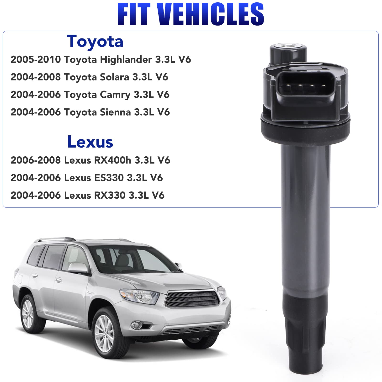 6-Pack Ignition Coil Set Compatible with 2004-2008 Toyota Sienna, Highlander, Solara & Lexus RX330, ES330 3.3L V6 Engine - Direct Replacement for UF506 - Improve Engine Performance & Fuel Efficiency