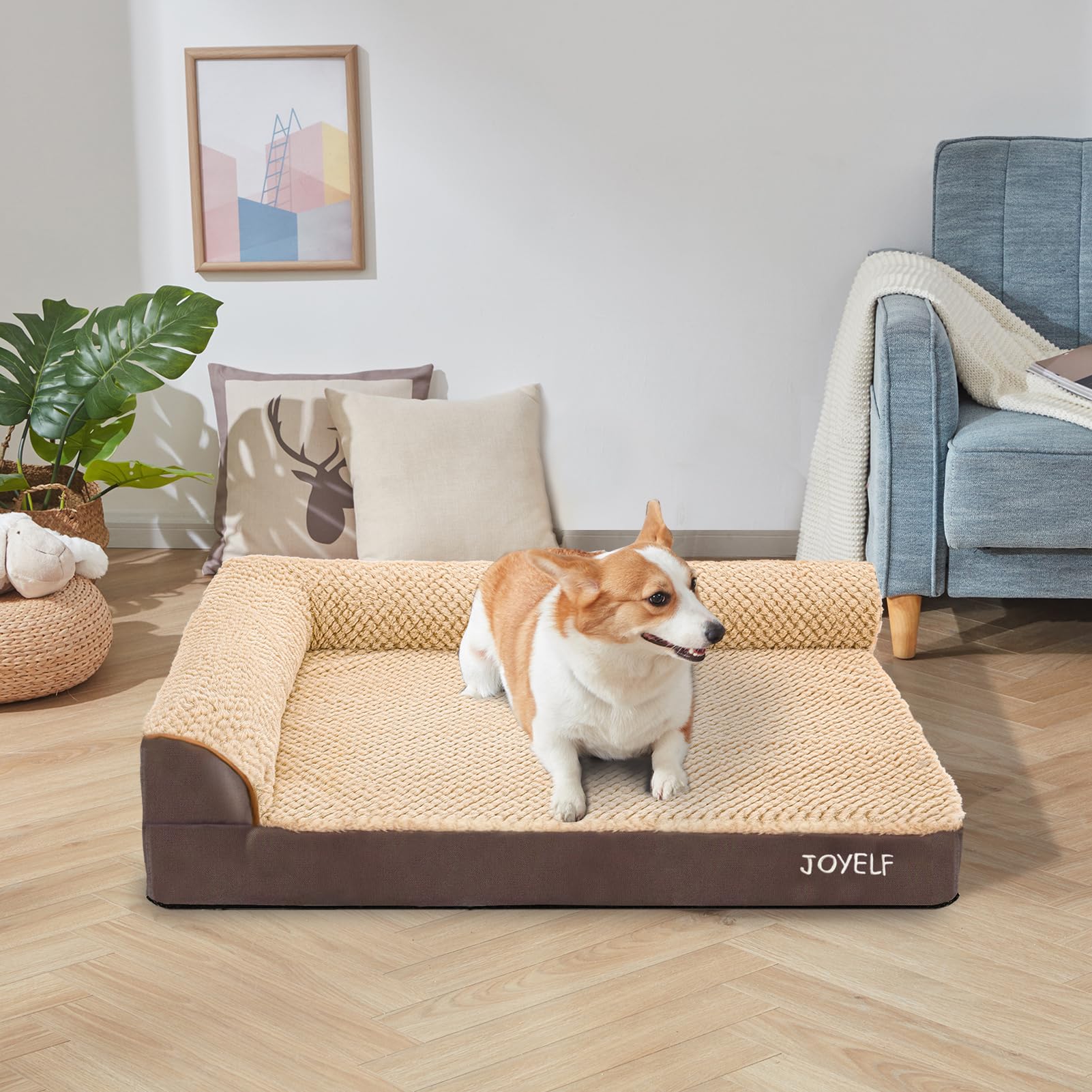 JOYELF Orthopedic Dog Bed for Extra Large Dogs - L-Shaped Memory Foam Sofa Couch with Bolster, Waterproof & Non-Slip Pet Bed, Removable Washable Cover (Coffee) - Perfect for Large Breed Dogs with Joint Pain in Living Rooms & Bedrooms