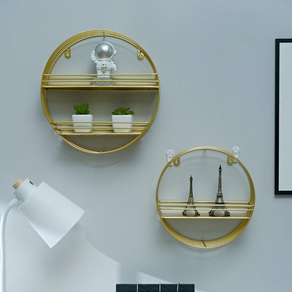 Floating Wall Shelves - Decorative Iron Wall Mounted Storage Rack for Living Room, Bedroom, Kitchen & Bathroom | Single Layer Gold Wooden Shelf | Space-Saving Home Organization Solution for Books, Plants & Decor