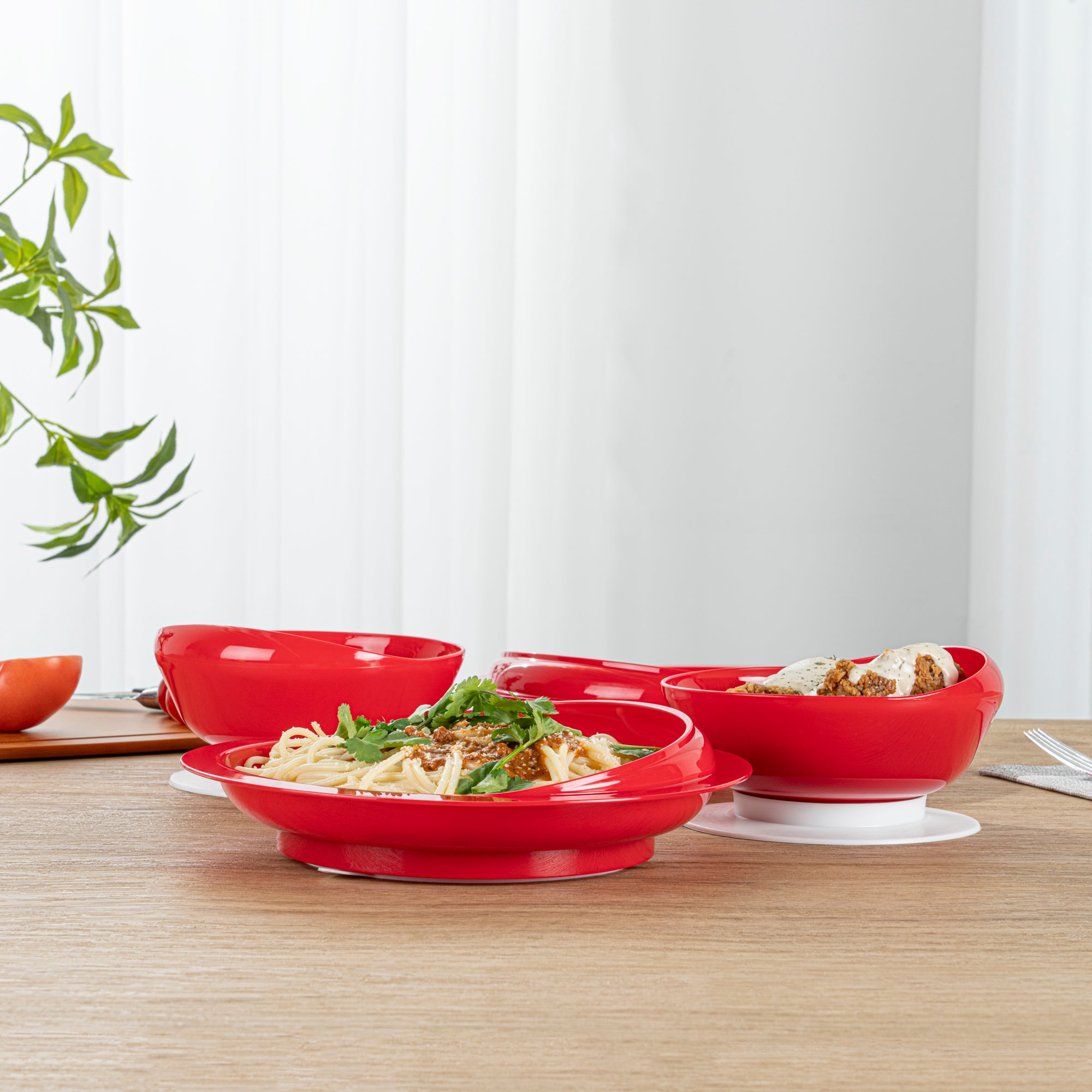 Adapt Tek Red Plastic 2-Piece Scoop Plate & Bowl Set with Spillproof Design & Suction Base - Includes 1 Plate & 1 Bowl for Toddlers - Perfect for Baby Feeding, Travel & Mess-Free Meals