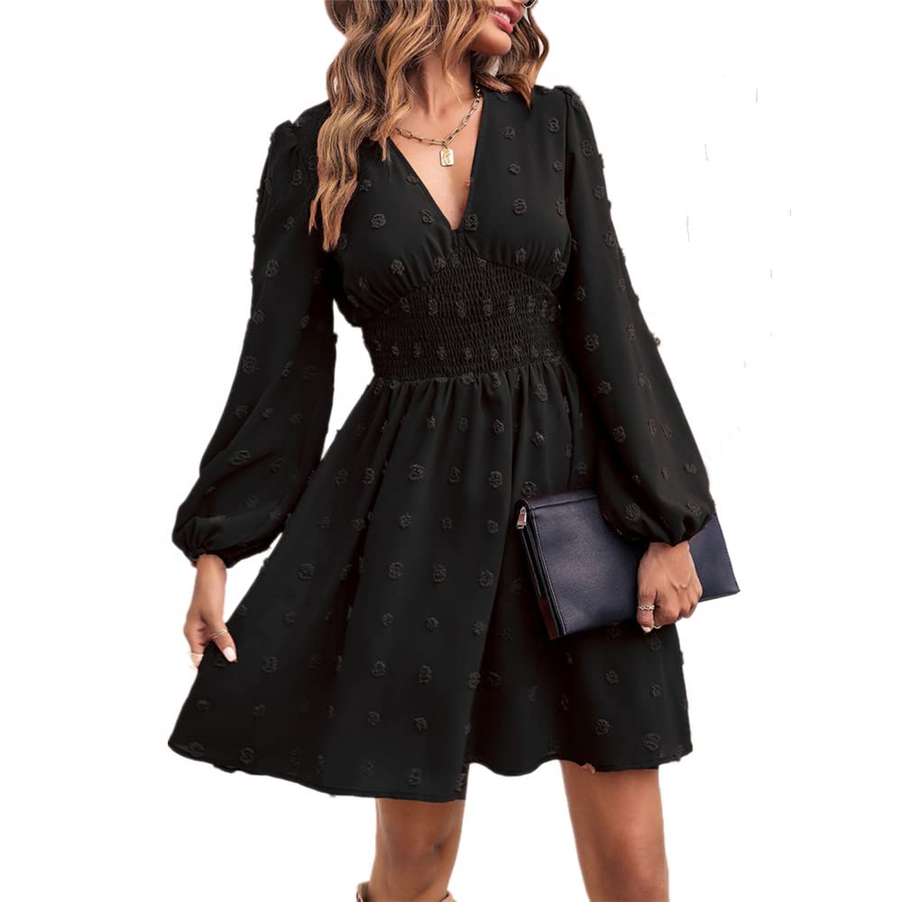 Women's V-Neck Long Sleeve Tunic Dress - High Waist Polka Dot Swing Mini Dress for Spring & Summer | Casual Flowy Dress for Work, Date Night & Outdoor Activities