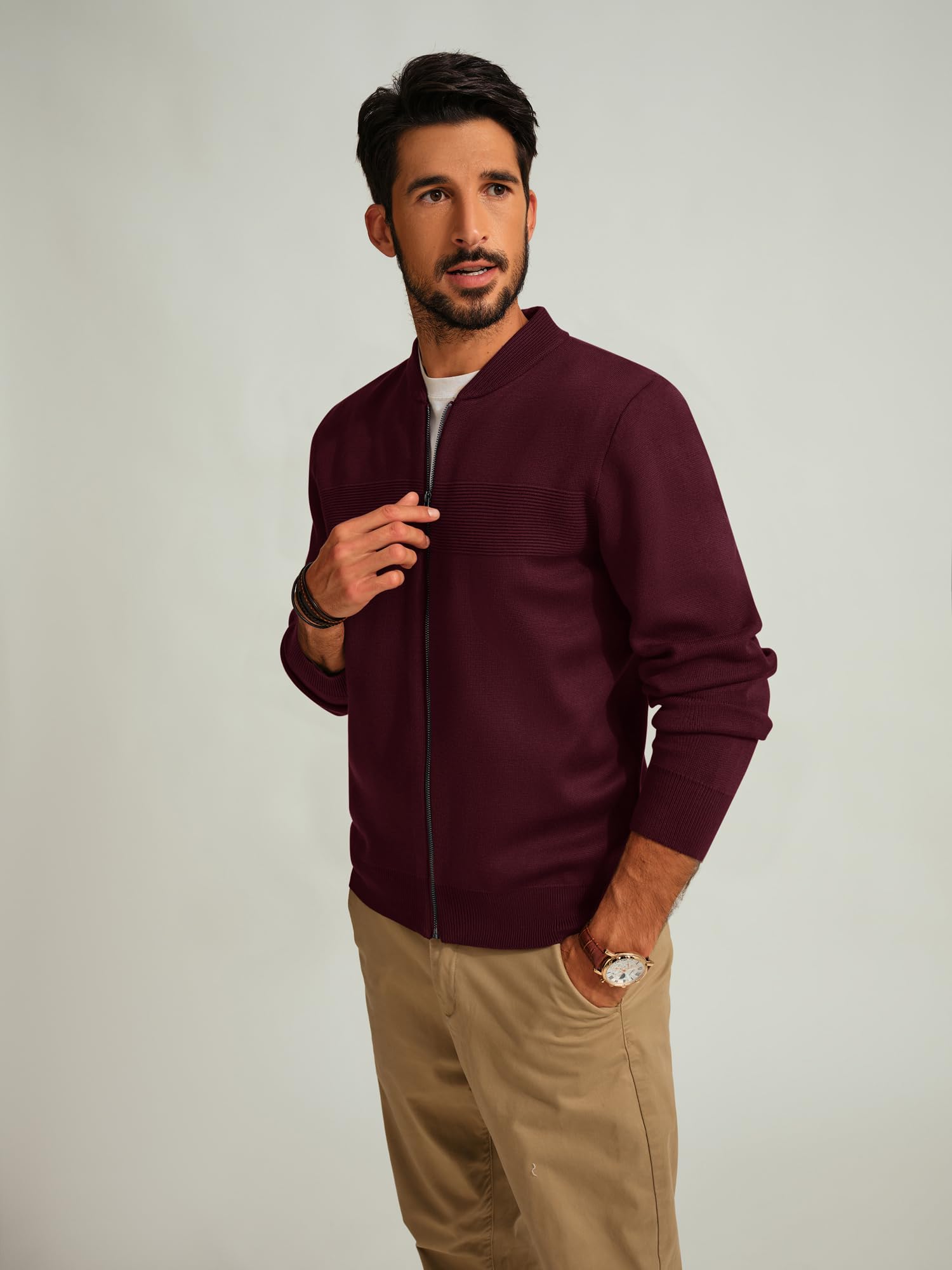 PJ PAUL JONES Men's Full Zip Cardigan Sweater - Stand Collar Regular Fit Knit Pullover for Casual Wear & Office Outfits