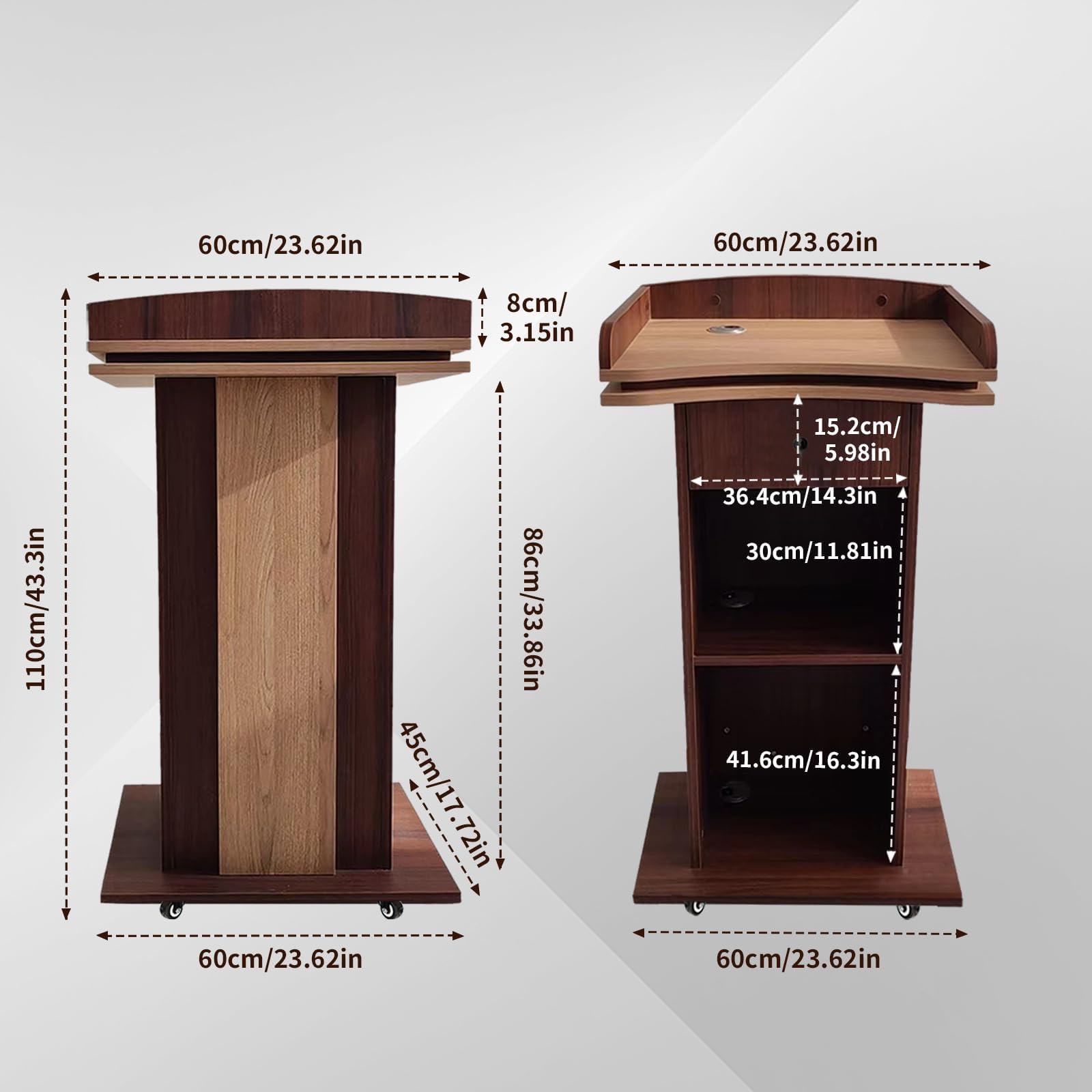 Premium Wooden Podium with Wheels - 2-Tier Storage & Locking Drawers | Silent Rollers & Thickened Board | Ideal for Church, School, Lectures & Conferences | Upgrade Hostess Stand for Professional Events & Presentations