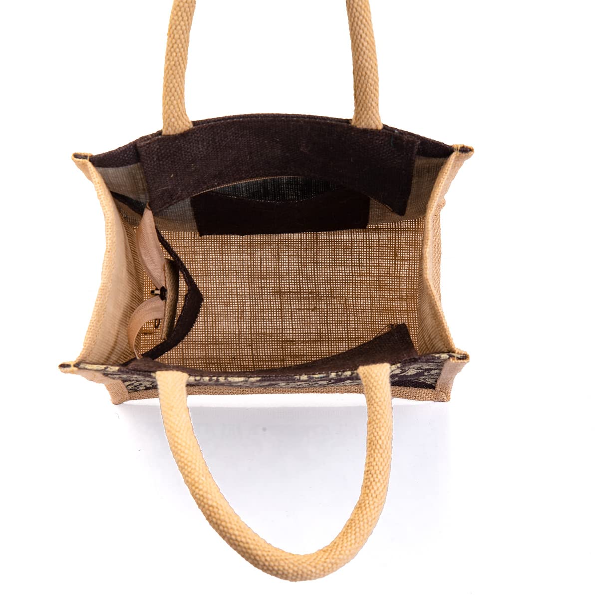 Eco-Friendly Jute Lunch Bag with Zip & Bottle Holder - Reusable Tote for Office, Picnic & Travel - Stylish Damask Design - Perfect for Work, School & Outdoor Activities