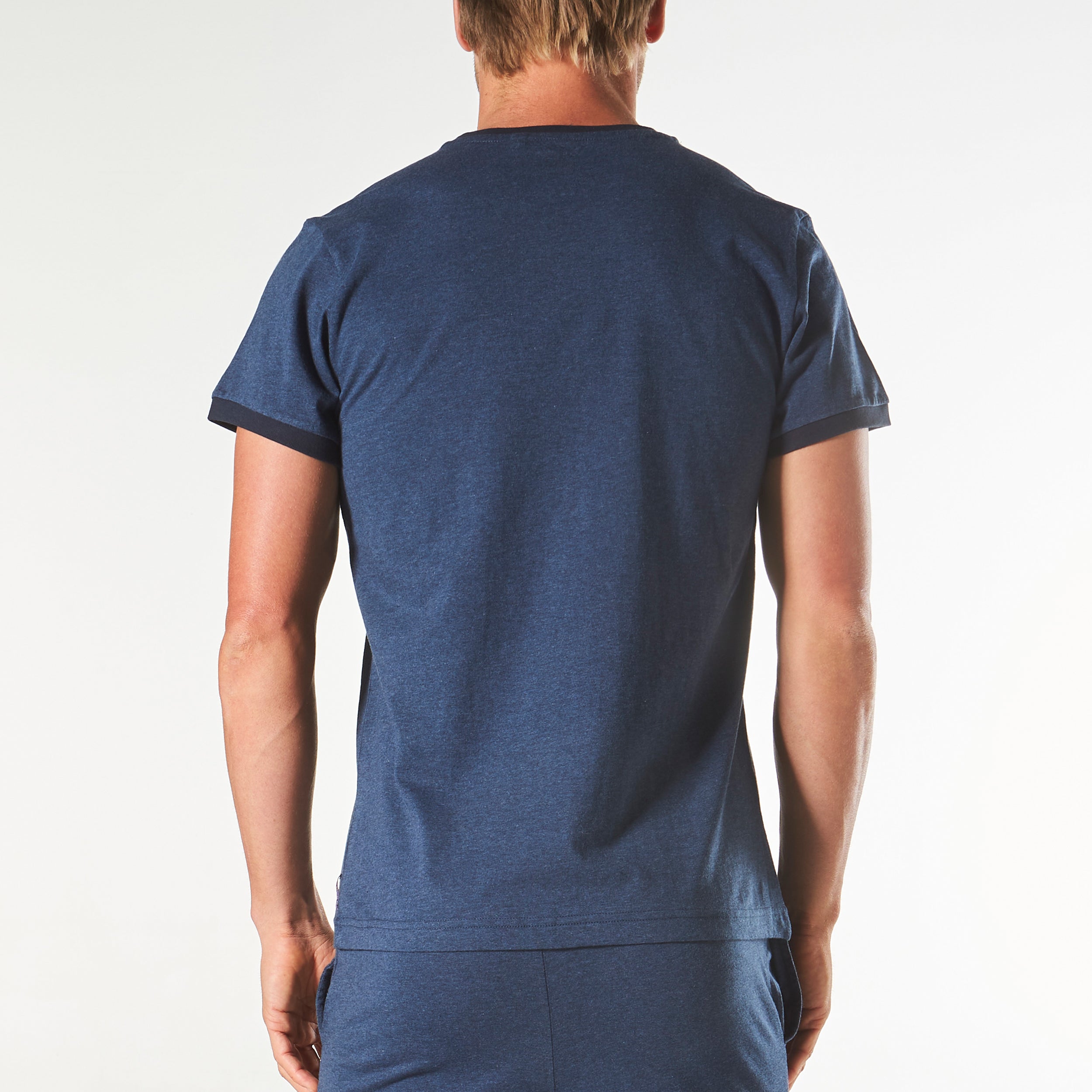 Men's Short Sleeve Contrast Cotton Sleep Tee - Soft Denim Marle Lounge Shirt for Comfortable Nightwear & Relaxing at Home