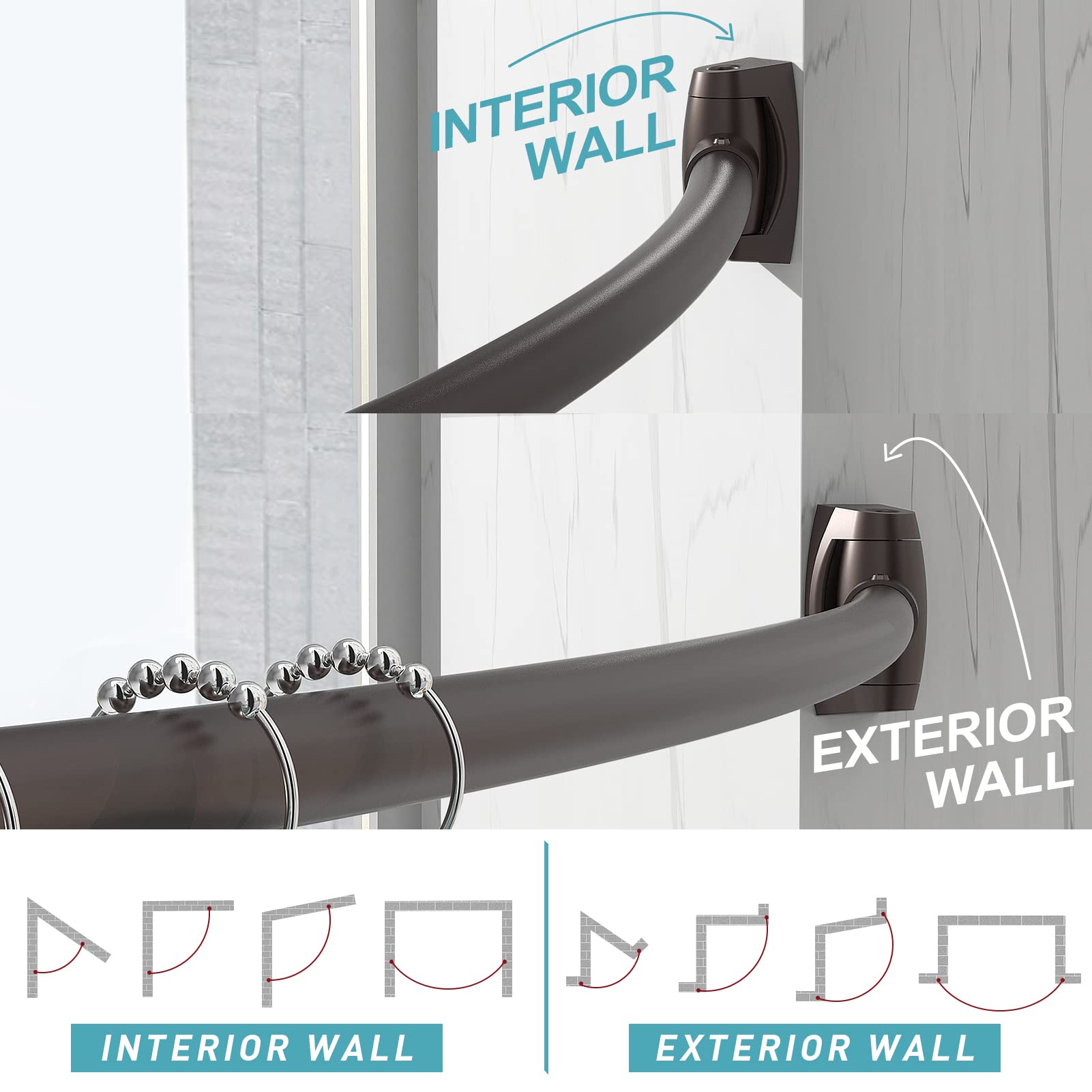 Adjustable Curved Shower Curtain Rod 43-72 Inches - Rustproof Aluminum Bathroom Shower Rod for Bathtub & Stall - Bronze Round Shower Bar | Perfect for Small Bathrooms & Space-Saving Showers