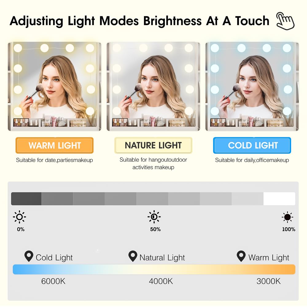 Vabches White Makeup Vanity Desk with LED Lights - 3 Adjustable Lighting Colors, Large Dressing Table with 3 Drawers, 2 Cabinets & Multiple Shelves (45.2 Inch) - Perfect for Bedroom, Dorm Room & Beauty Salon Makeup Station