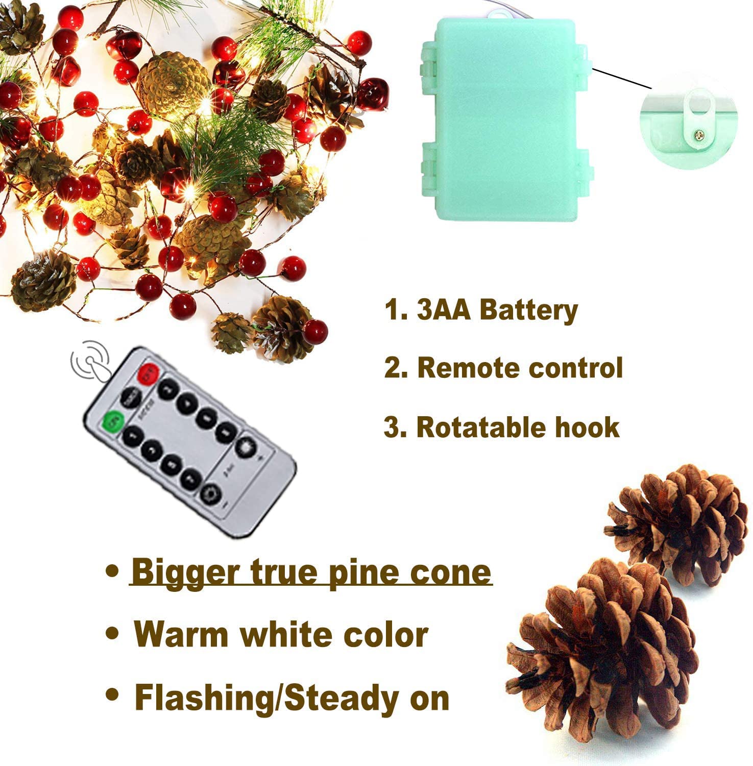 10FT 30LED Red Berry Pine Cone Christmas Garland with Battery Operated Lights - Fireplace Mantel Decor, Holiday Home Decoration, Indoor Outdoor Xmas String Lights for Party Wedding Winter Decorations
