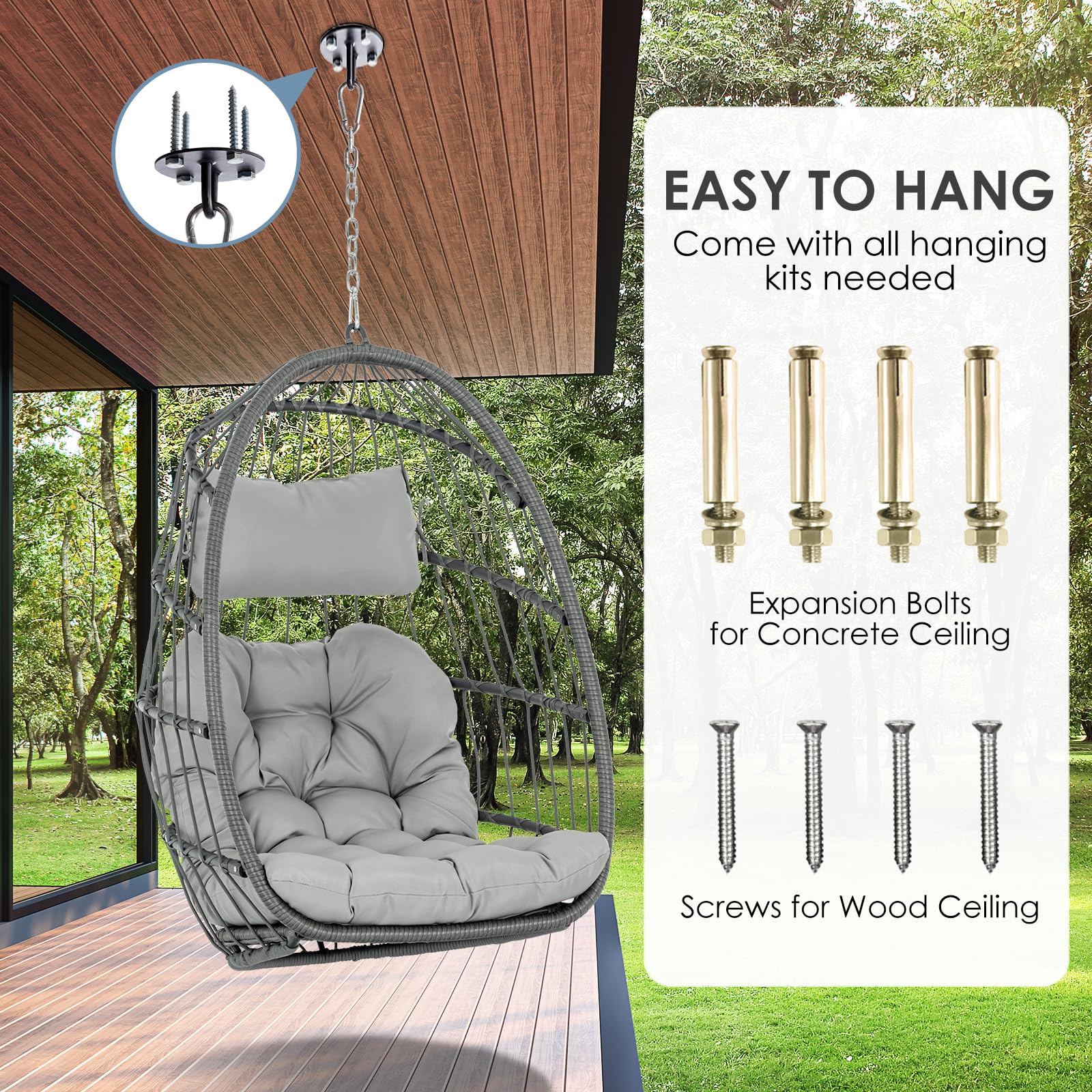 Foldable Hanging Egg Chair - Indoor/Outdoor Wicker Rattan Swing Chair with UV Resistant Cushions & Aluminum Frame - Hammock Chair for Bedroom, Patio, Camping, Garden Relaxation (Grey)