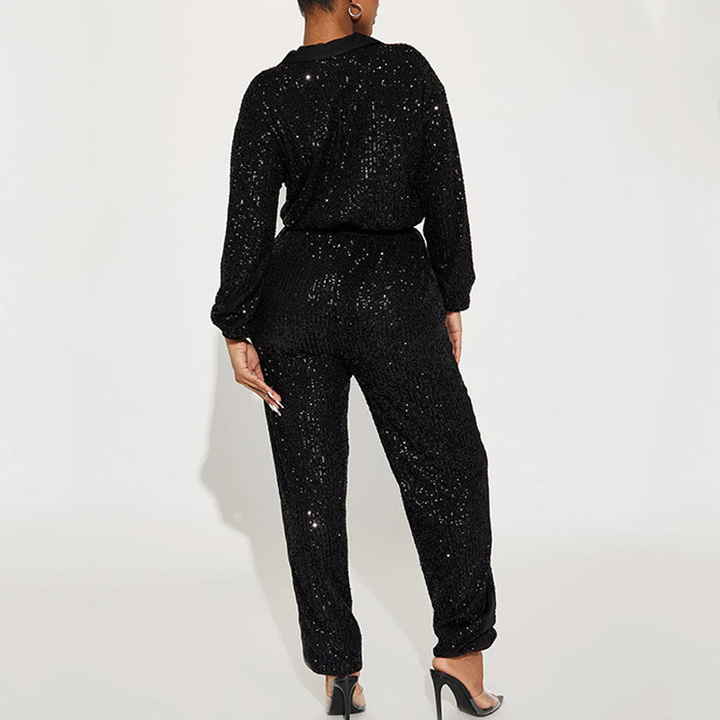 Sexy Sequined Deep V-Neck Jumpsuit for Women - Sparkly Party Outfit for Nightclub, Evening Events & Special Occasions