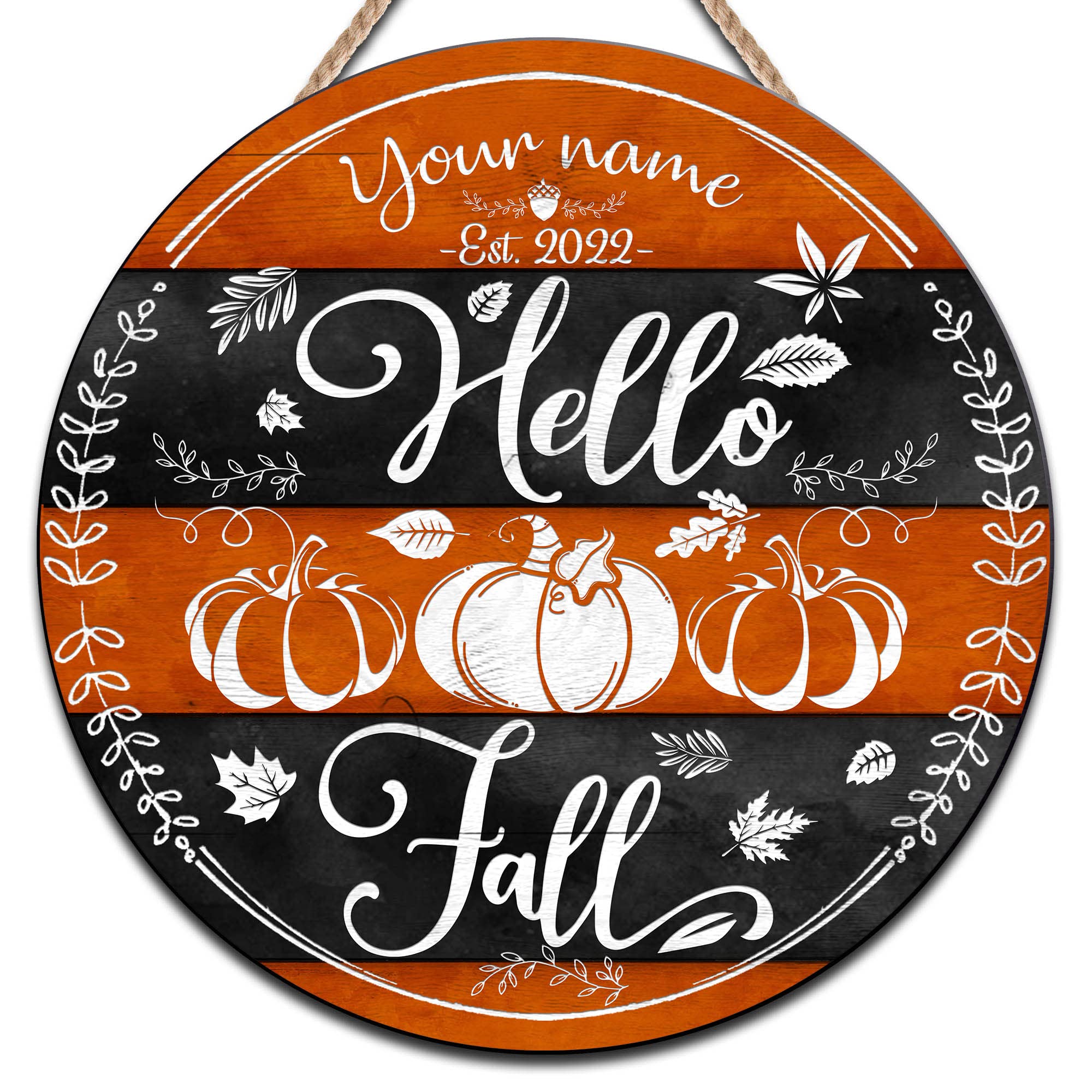 Personalized Fall Wood Sign - Hello Fall All Over Printed Pumpkin Decor for Home & Thanksgiving | 8