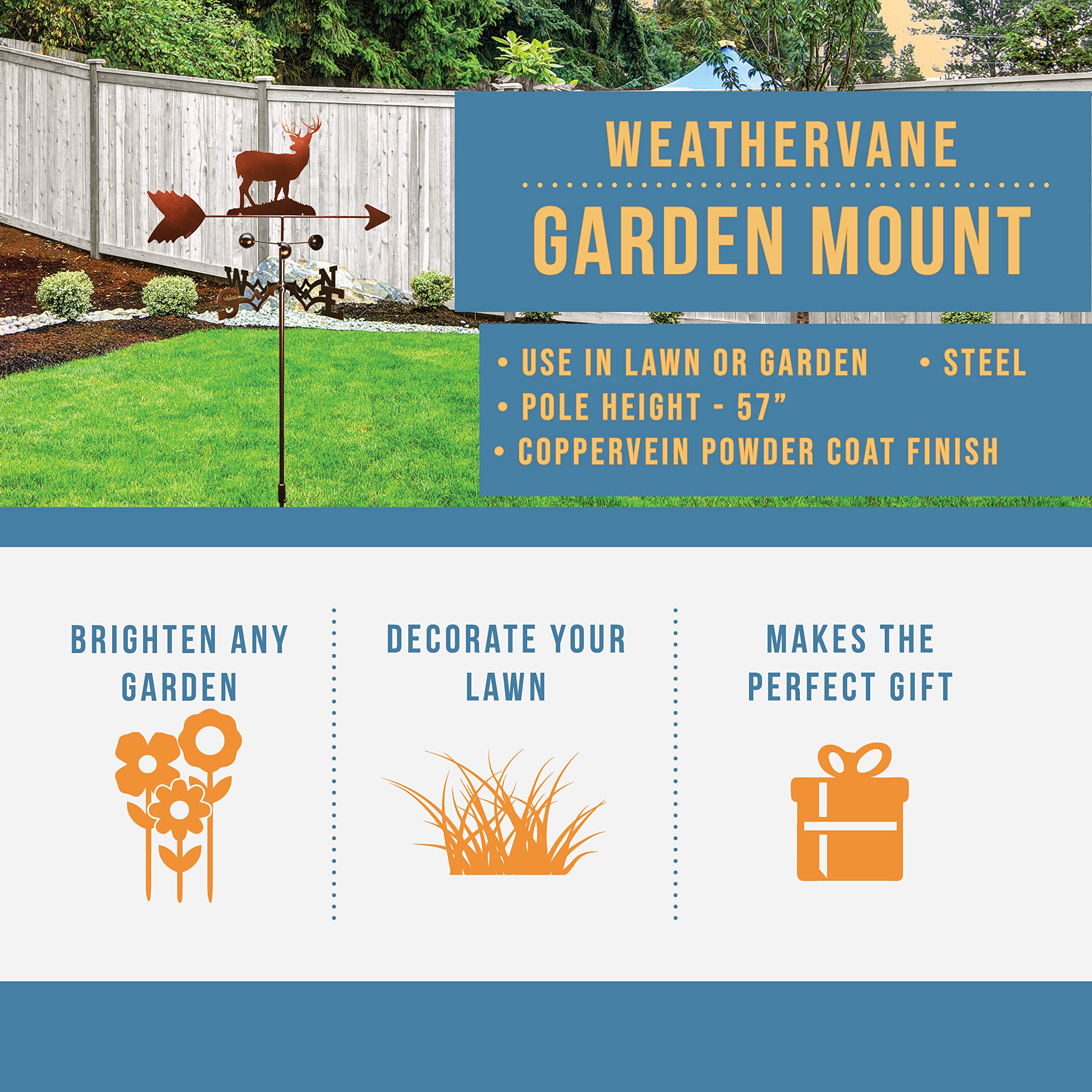 SWEN Products Deer Buck Weathervane with Garden Stake - Rustic Outdoor Decor for Yard, Garden, and Farmhouse Style Landscaping