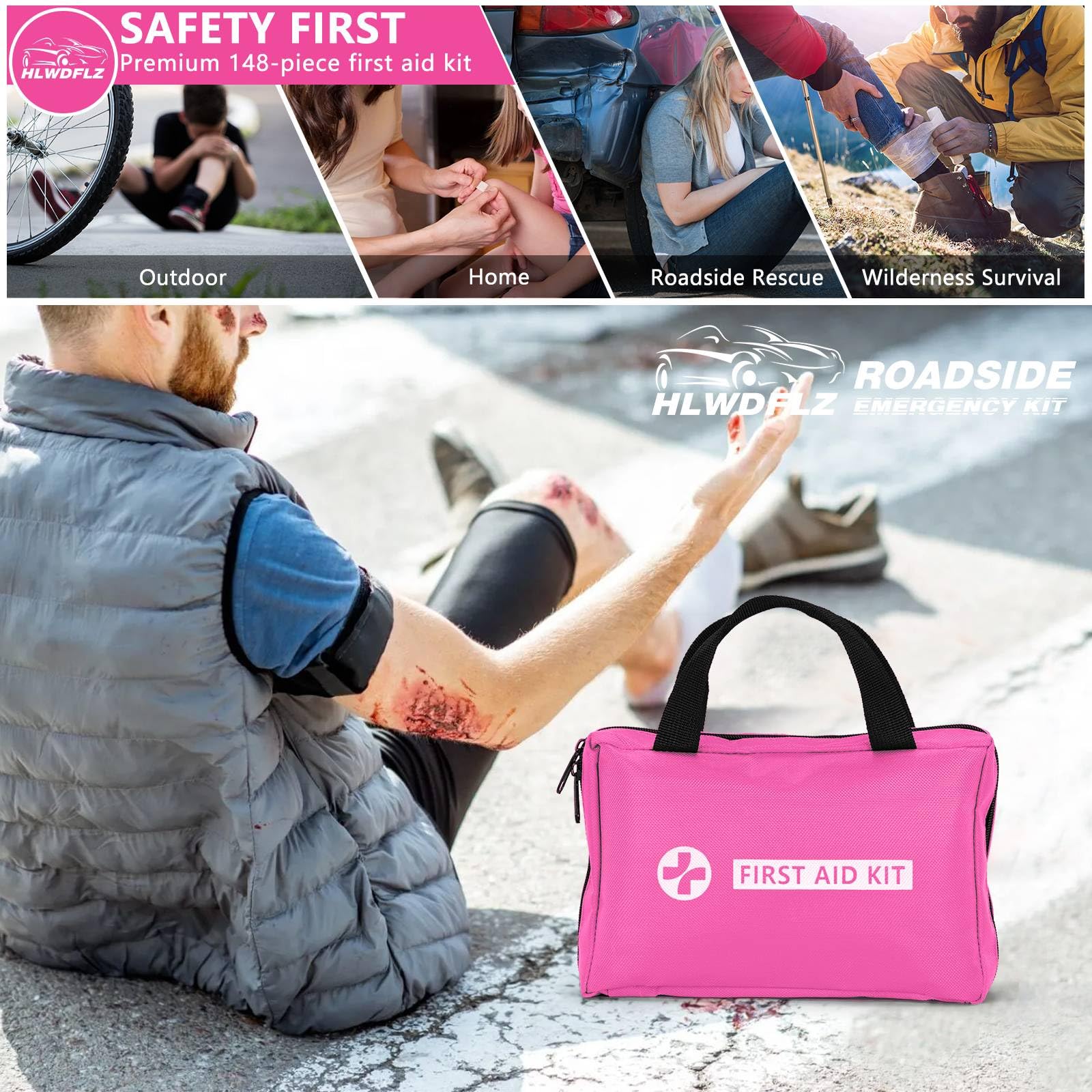Portable Car Emergency Kit with Air Compressor - Roadside Assistance & Winter Travel Safety Kit for Cars, Trucks (Pink) | Essential for Road Trips, Winter Driving & Vehicle Emergencies