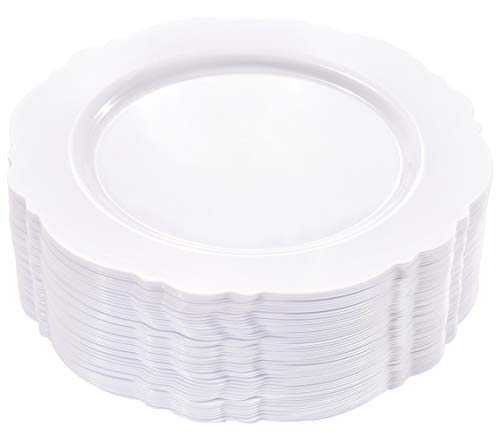 60 Pack White Plastic Plates 10.25 Inch - Elegant Baroque Disposable Dinner Plates for Wedding, Upscale Parties & Events - Perfect for Catering, Banquets and Formal Dining Occasions