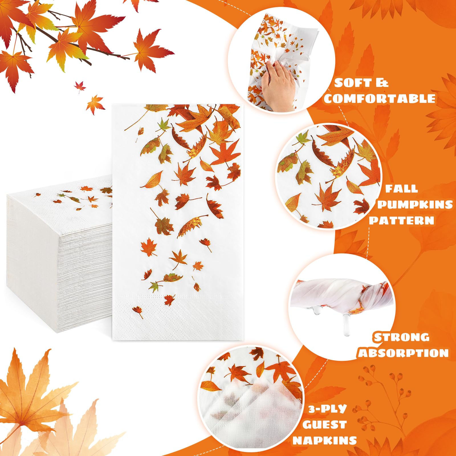 100PCS Fall Leaves Napkins - 3-Ply Disposable Thanksgiving Napkins for Bathroom & Kitchen | Decorative Autumn Paper Guest Towels | Perfect for Thanksgiving Dinner, Fall Home Decor & Party Table Settings
