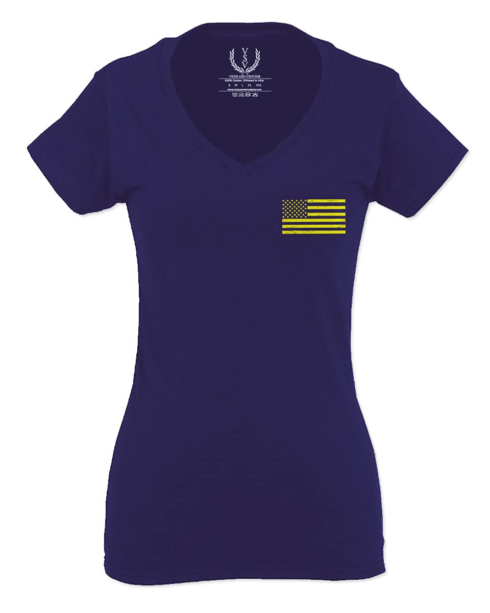 Yellow American Flag USA Military V-Neck Fitted T-Shirt for Women - Patriotic Casual Wear for Independence Day & Outdoor Events