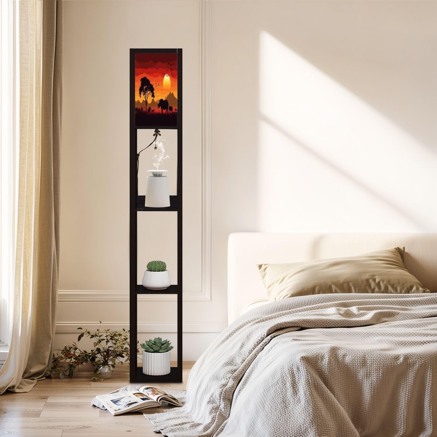 Modern Floor Lamp with Shelves - USB Ports & Power Outlet, Silhouette Wild Sunset Animal Design - Tall Standing Corner Lamp for Living Room, Bedroom, Office - Perfect for Reading, Nightstand Lighting & Home Decor