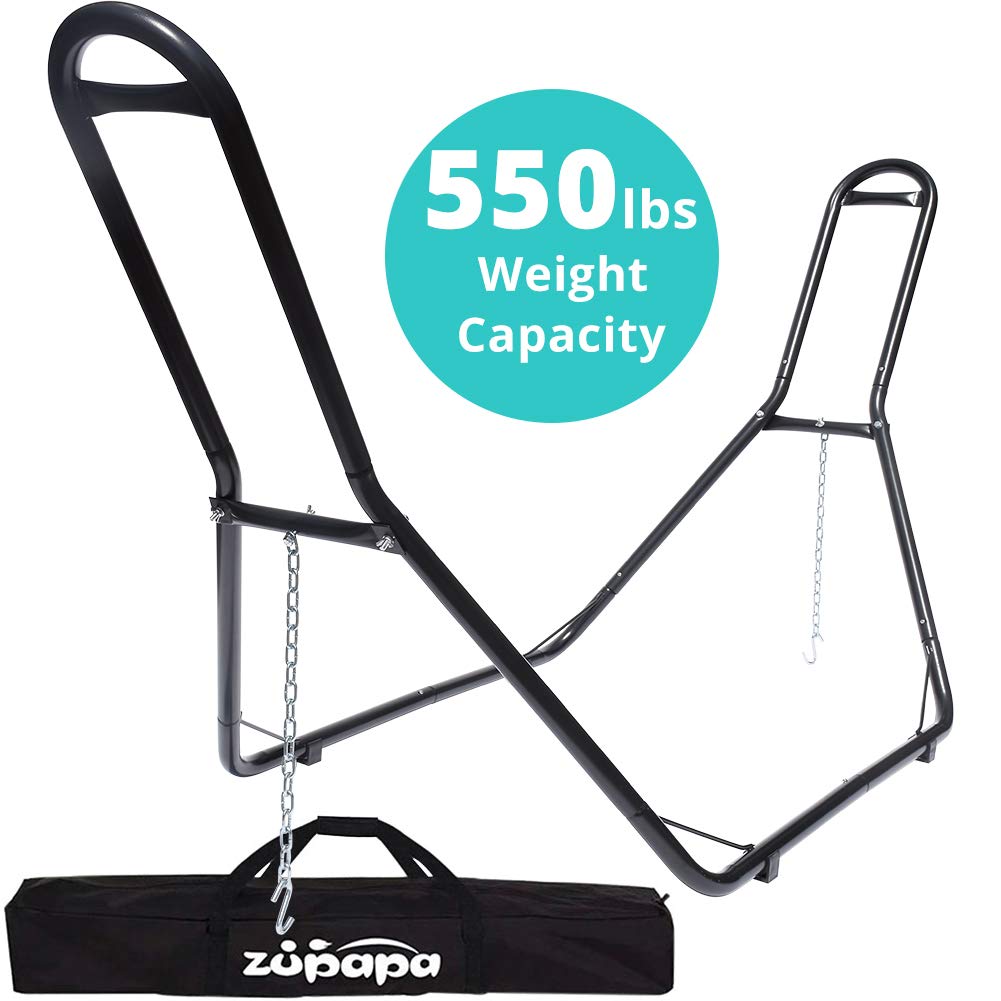 Heavy Duty 550 LBS Capacity Zupapa Hammock Stand for 9-14 Feet Hammocks - 2 Person Steel Frame with 2 Chains & Carry Bag - Indoor Outdoor Use for Patio, Backyard, Camping & Beach (Black)