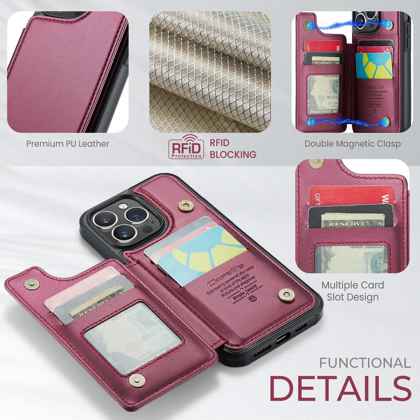Premium PU Leather Wallet Case for iPhone 15 Pro Max - RFID Blocking Card Holder with Magnetic Closure | Shockproof Protective Cover for Men & Women (Red) | Perfect for Business Travel, Commuting & Everyday Use