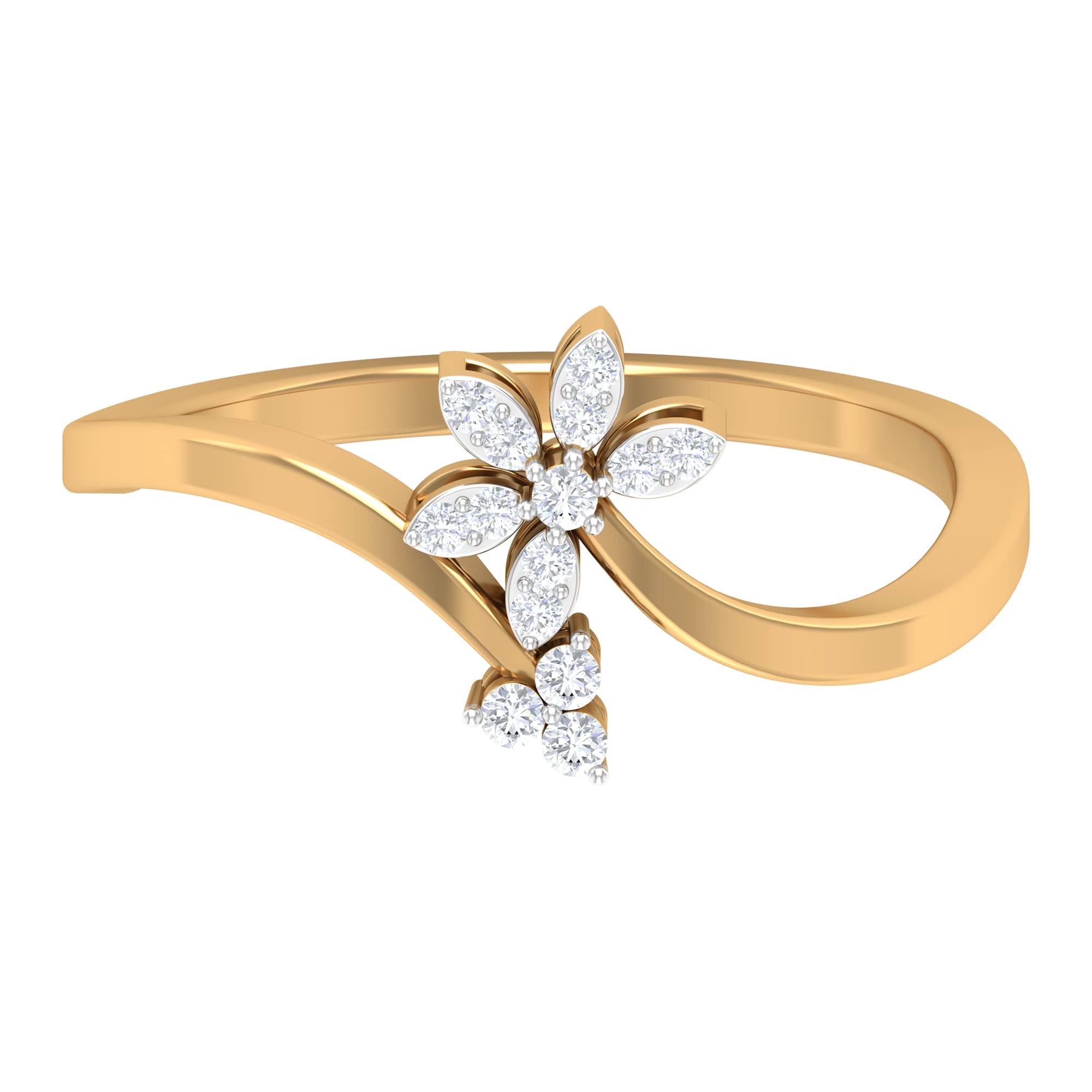 14K Solid Gold Diamond Flower Ring - April Birthstone, Genuine Natural Diamond & Gold Leaf Curved Ring for Women | Elegant Gift for Anniversary, Engagement, Wedding & Special Occasions