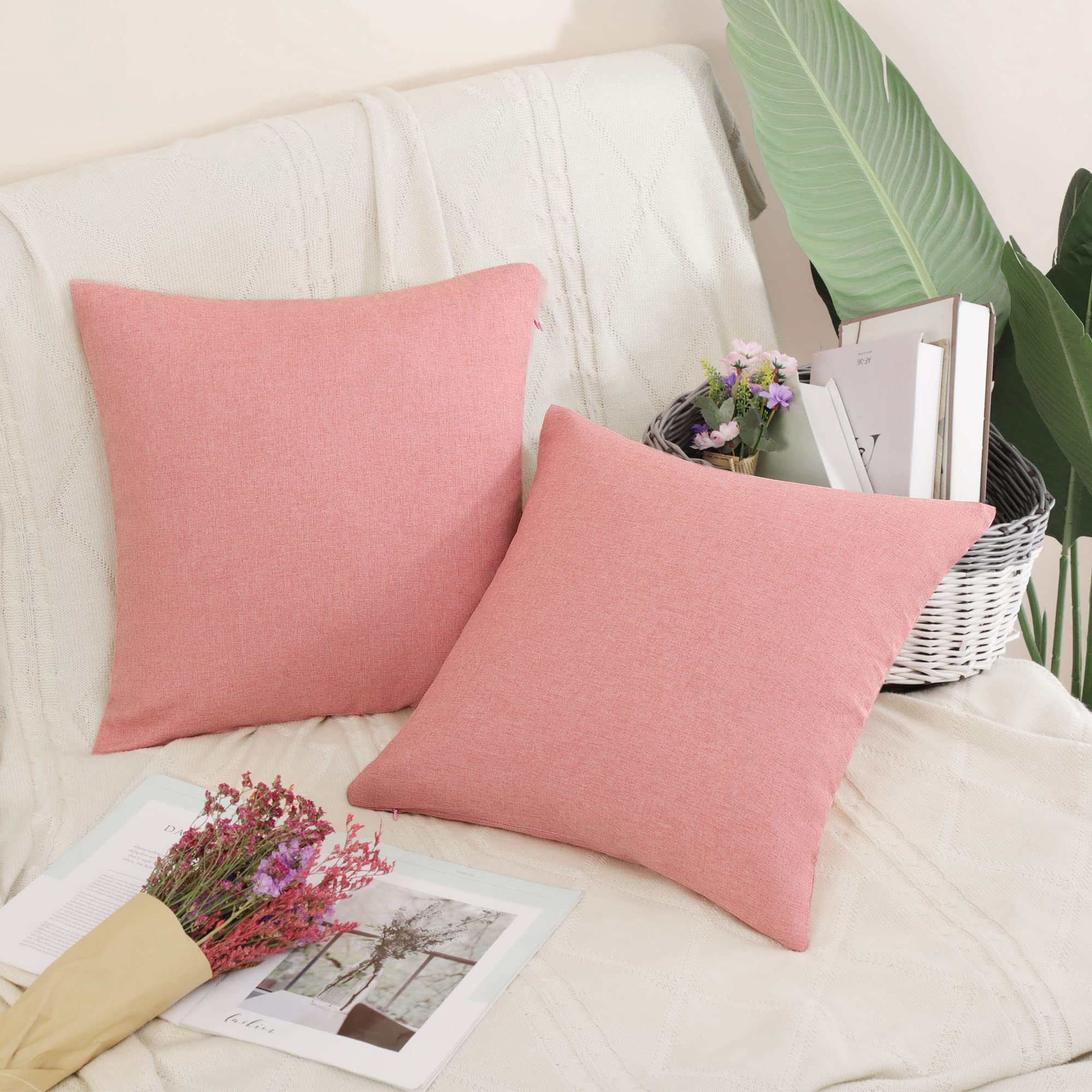 PiccoCasa 2 Pack Waterproof Decorative Throw Pillow Covers 18x18 Inch - Soft Cushion Covers for Sofa, Bed, Couch, Car Seat - Indoor & Outdoor Use in Living Room, Garden, Patio, Tent (Pink)