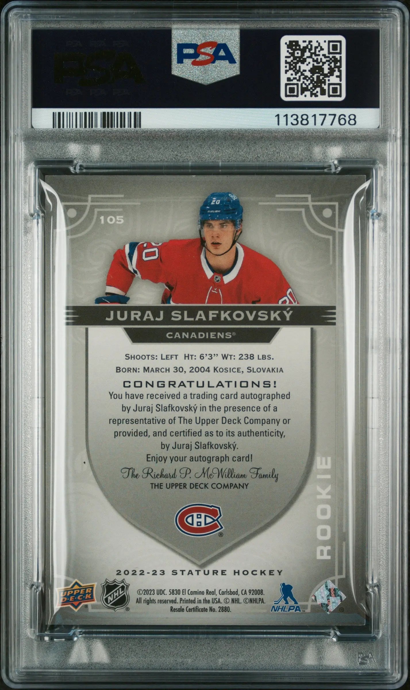 2022 Upper Deck Stature Juraj Slafkovsky RC Rookie Autograph PSA 9 /199 - Hockey Collectible Card for Fans & Investors - Perfect for Display, Trading, and Memorabilia Collections
