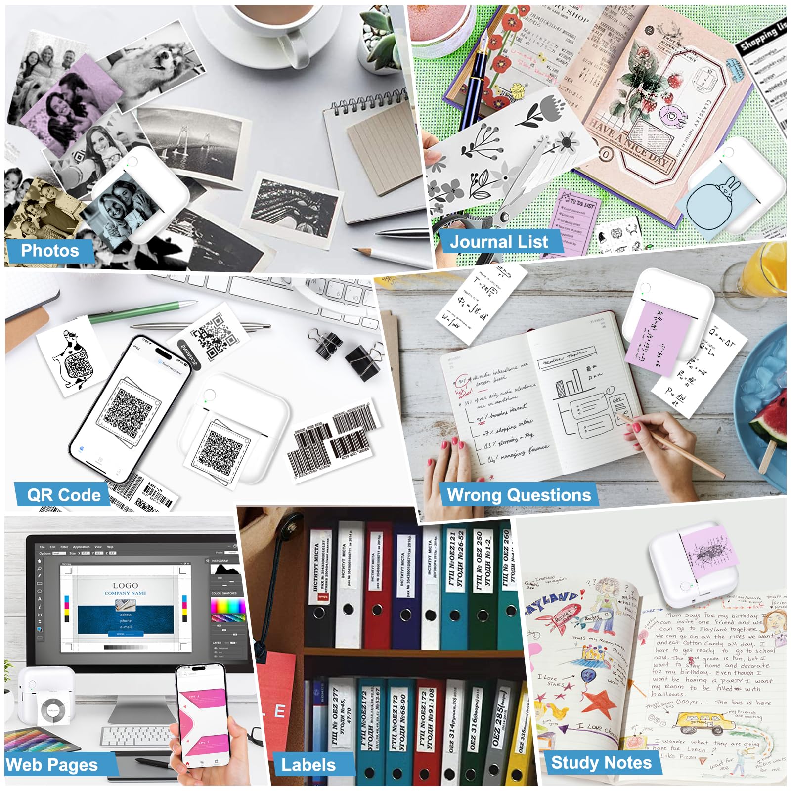 Mini Bluetooth Thermal Sticker Printer with 10 Rolls Paper - Portable Label Maker for Photos, Receipts, Notes & Lists - Perfect Gift for Kids & Students - Compatible with iOS & Android - Great for Home, Office & School Projects