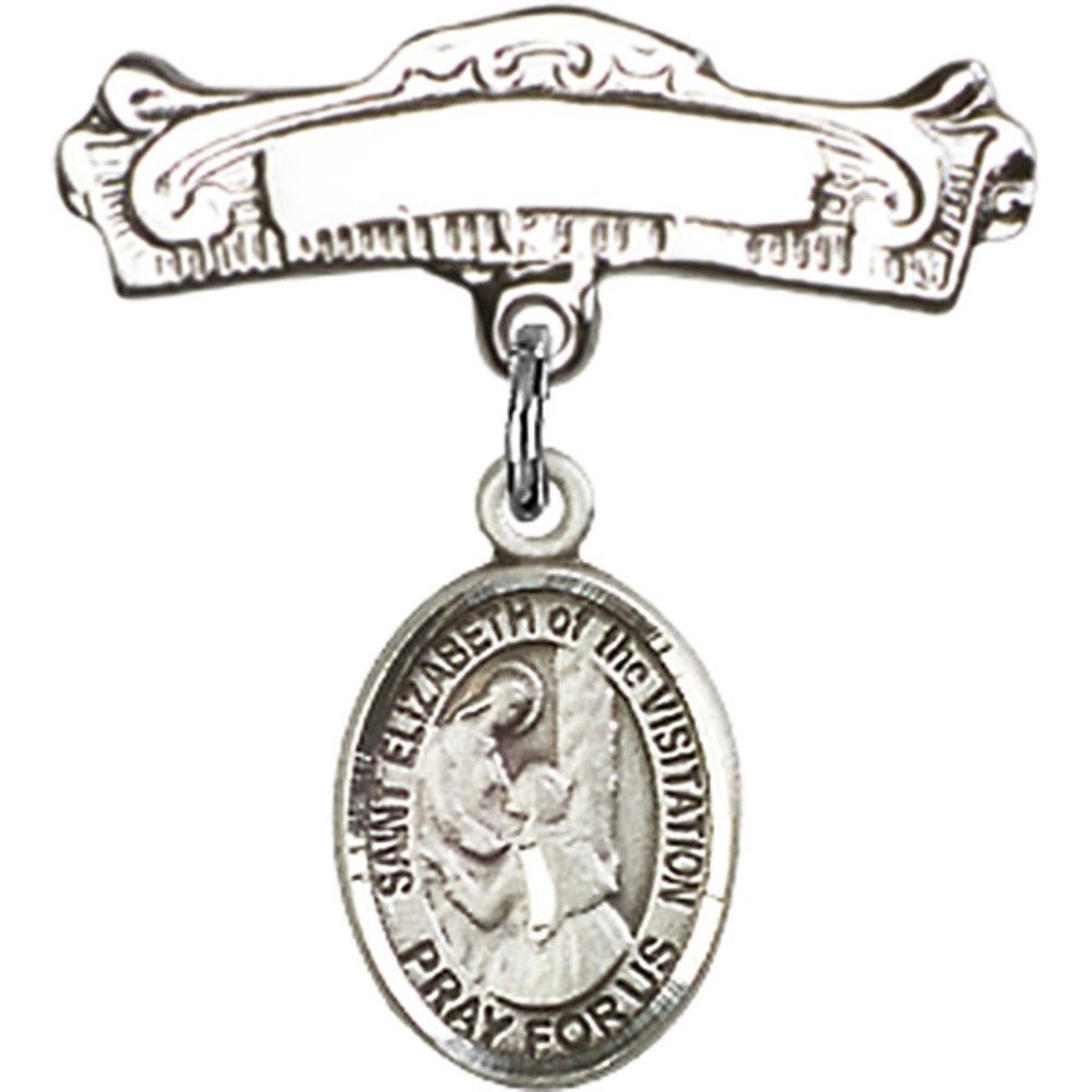 Sterling Silver Baby Badge with St. Elizabeth Charm - Religious Jewelry Gift for Baptism, Christening & First Communion - 7/8 x 7/8 Inch Polished Arched Pin - Perfect for Special Occasions & Keepsakes