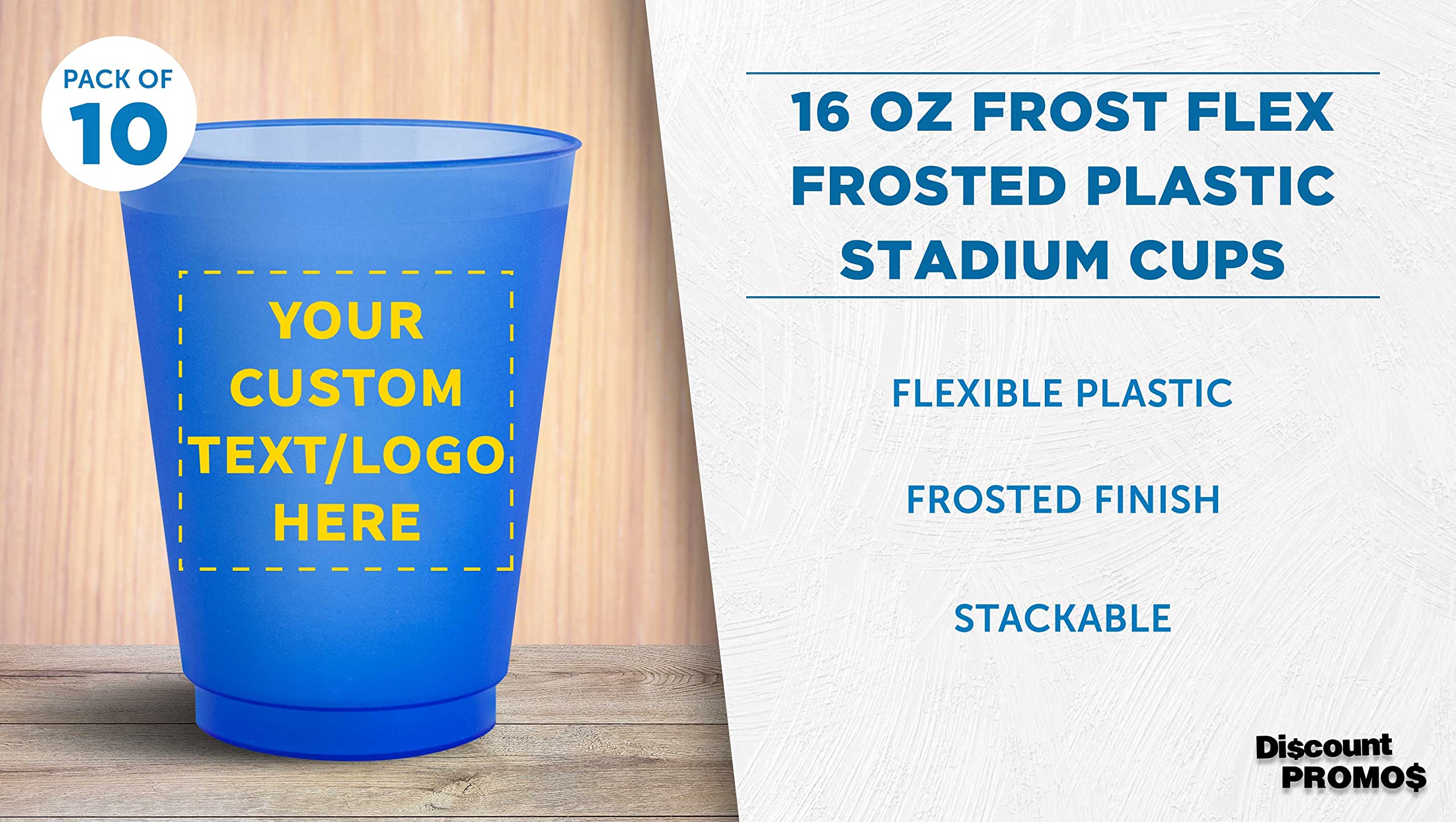 Custom 16 oz Frosted Plastic Stadium Cups - 10 Pack with Promotional Text & Logo - Shatterproof, Flexible & Reusable Party Cups in Blue - Perfect for Tailgates, BBQs, and Outdoor Events