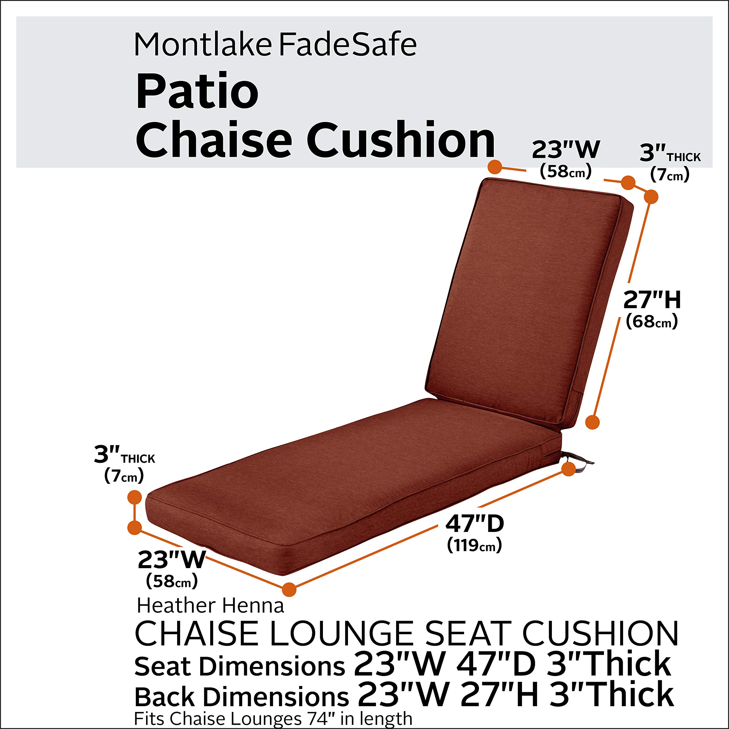 Classic Accessories Montlake Outdoor Chaise Lounge Cushion 74x23 - FadeSafe, Water-Repellent, Heather Henna - Perfect for Patio, Poolside, and Garden Relaxation