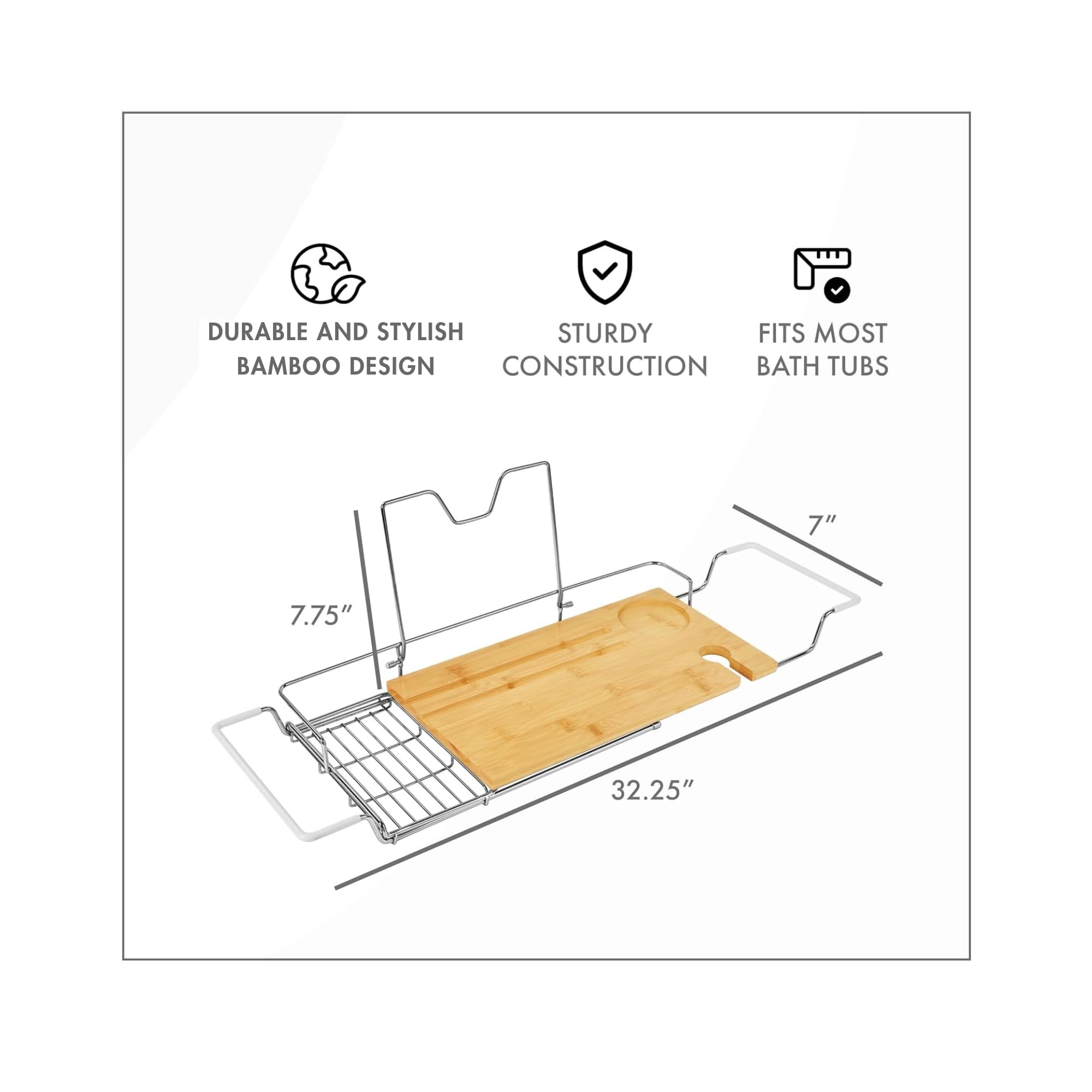 Stainless Steel & Bamboo Bathtub Caddy Tray - Luxury Bathtub Shelf for Books, Candles, Phone Holder | Spa Bath Accessories for Relaxing Bath Time