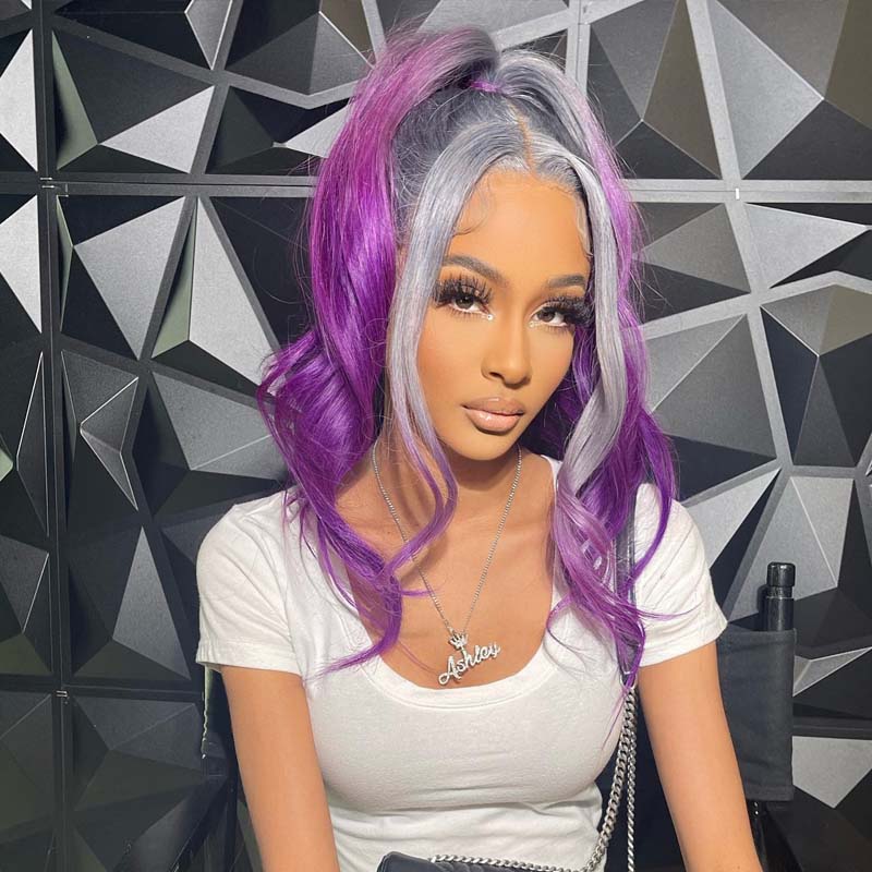 Eullair Ombre Grey Purple Straight Human Hair Wig - Pre Plucked 13x4 Transparent Lace Frontal Wig for Women | Natural Look for Daily Wear, Cosplay & Special Occasions