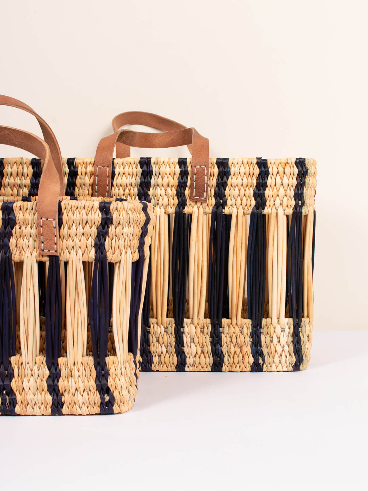 Handwoven Decorative Reed Basket with Indigo Stripes - Natural Storage Solution for Home, Office, and Gift Giving