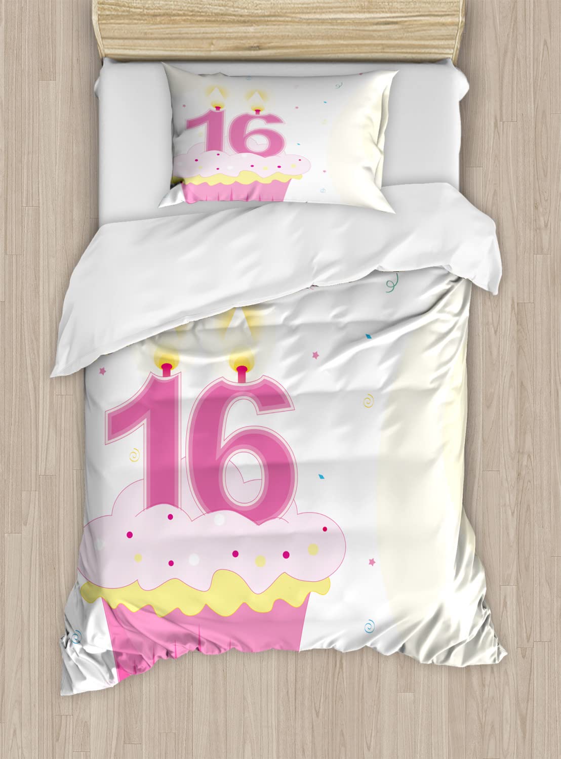 Ambesonne 16th Birthday Duvet Cover Set - Queen Size 2-Pack with 2 Duvet Covers & 4 Pillowcases - Fun Cupcake with Candle Design for Teen Girls in Fuchsia & Yellow - Perfect Sweet 16 Bedroom Decor Gift for Birthday Parties & Sleepovers