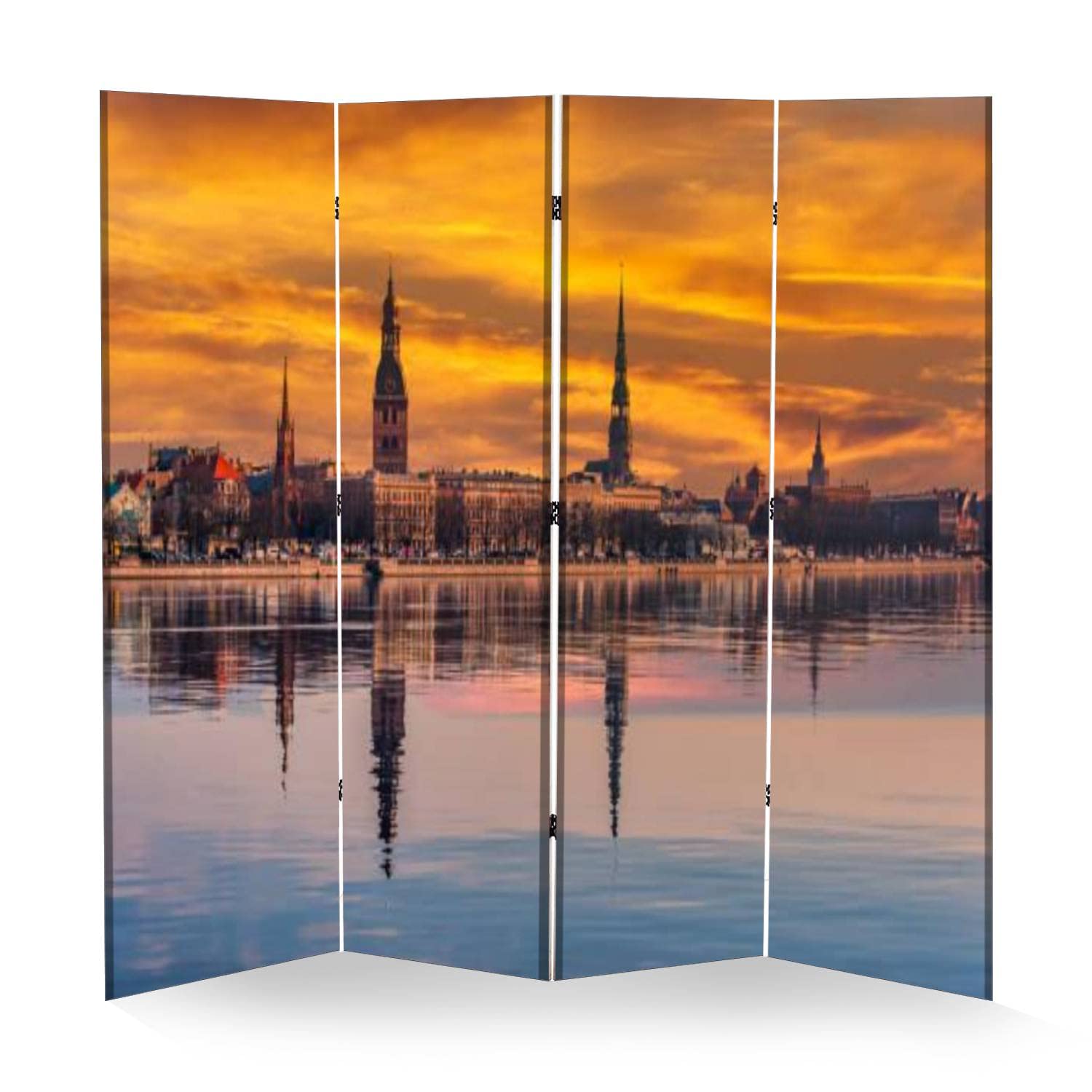 4-Panel Room Divider with Riga Latvia Cityscape Art - Canvas Folding Privacy Screen, Portable Wall Divider & Freestanding Separator for Home, Office, or Event Spaces - Perfect for Creating Private Areas in Living Rooms, Bedrooms, or Workspaces