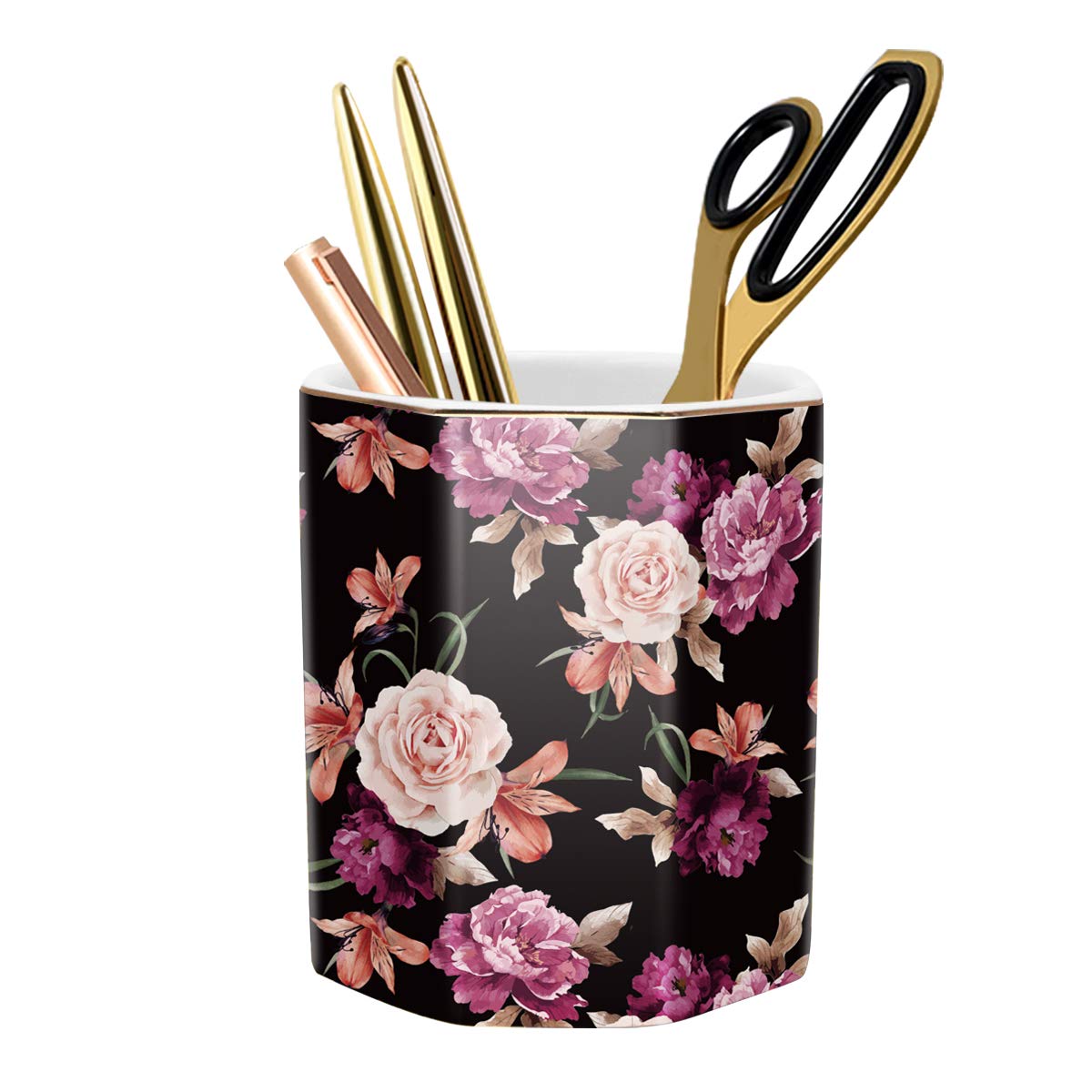 Floral Ceramic Pen Holder for Desk - Durable Pencil Cup & Makeup Brush Organizer for Office, Classroom, Home - Black Flower Design | Perfect for Girls, Kids & Women's Workspace Decor
