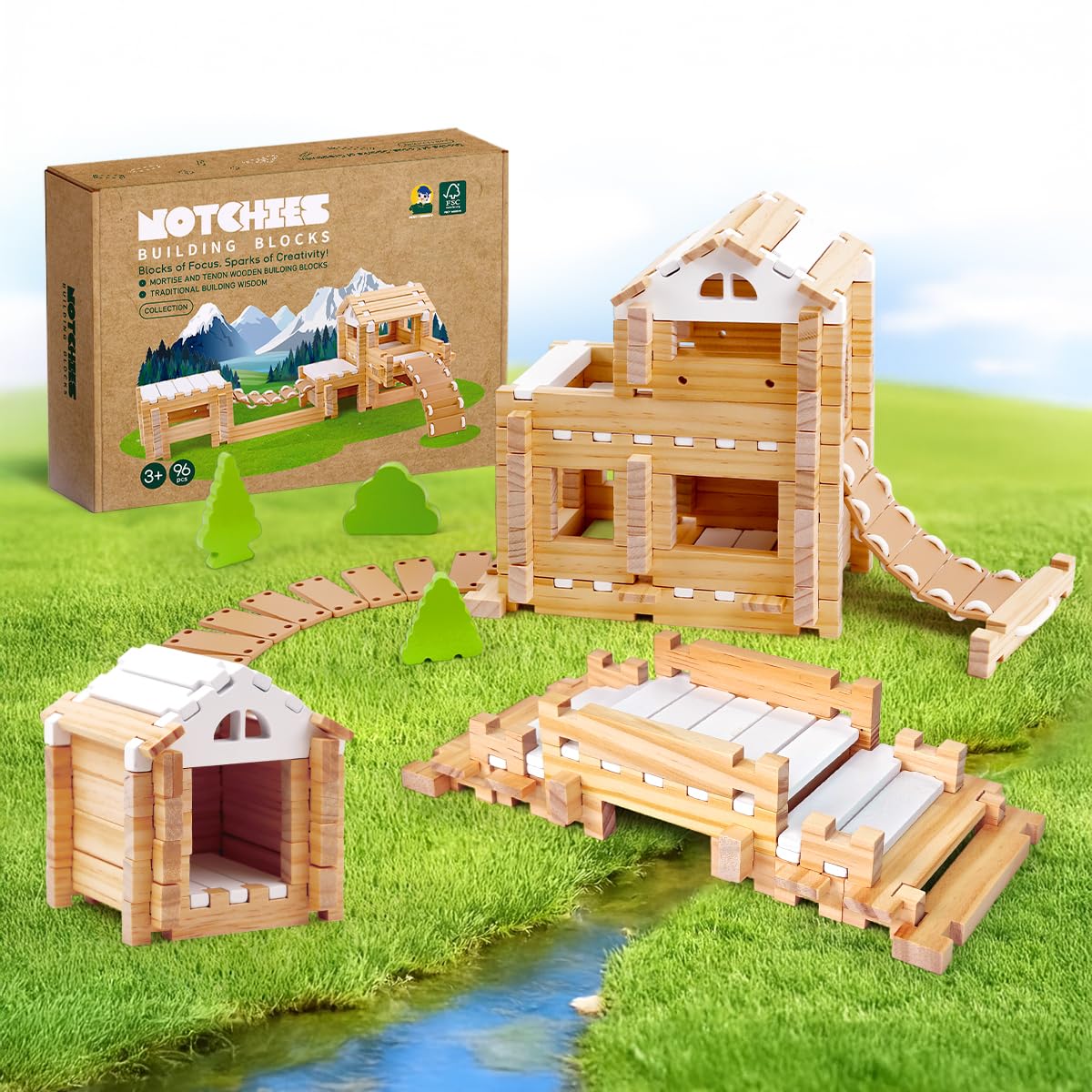 96-Piece Wooden Building Blocks Set with Storage Bag - FSC Certified Educational Toys for Kids Ages 4-8 | Creative Construction Game for Preschool Learning & STEM Development | Perfect for Classroom, Birthday Gifts & Family Playtime
