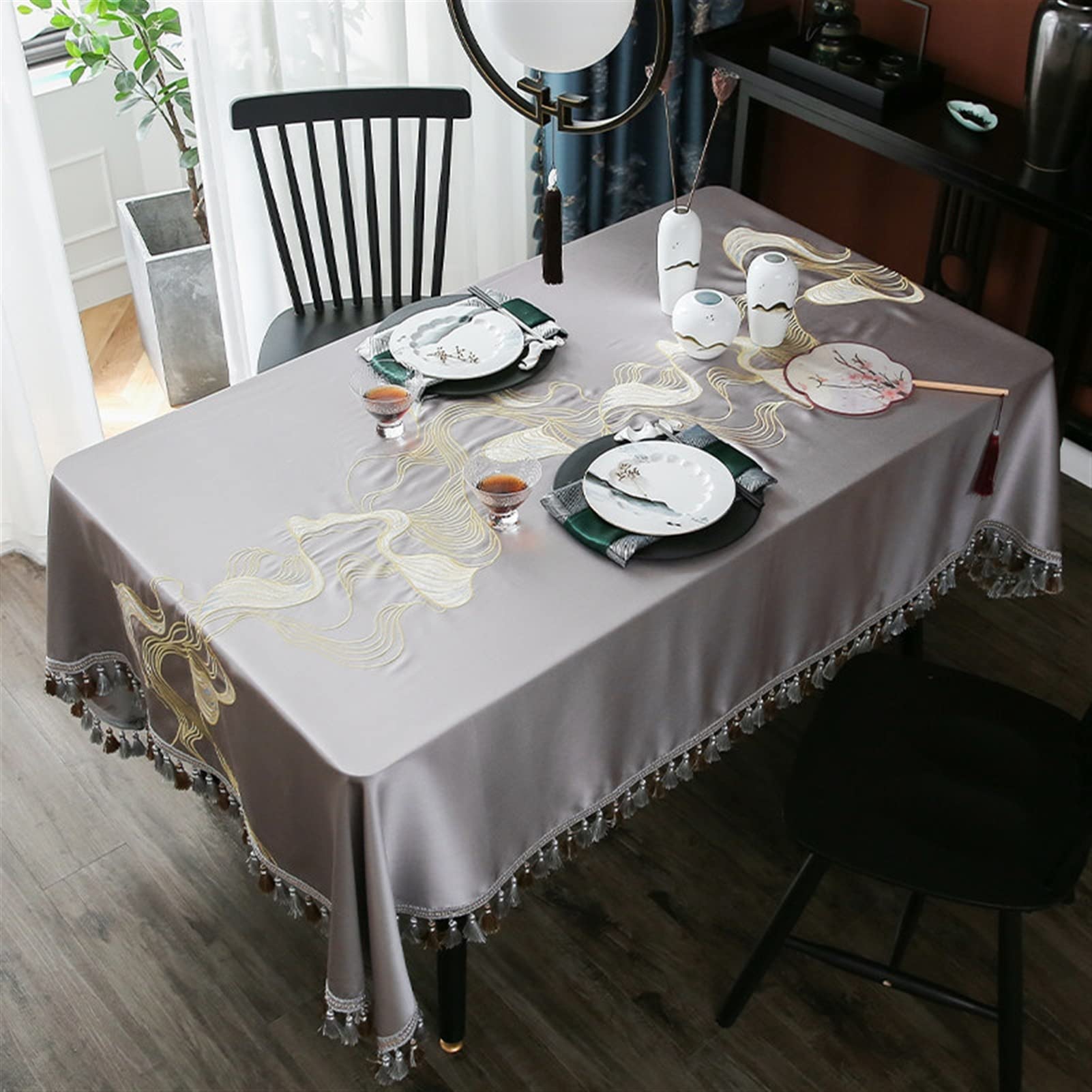 Elegant Chinese Embroidered Jacquard Tablecloth with Tassels - 140x220cm Rectangle Dining Table Cover for Coffee Tables, Parties, and Home Decor (Color: 3) | Perfect for Weddings, Holidays, and Special Events