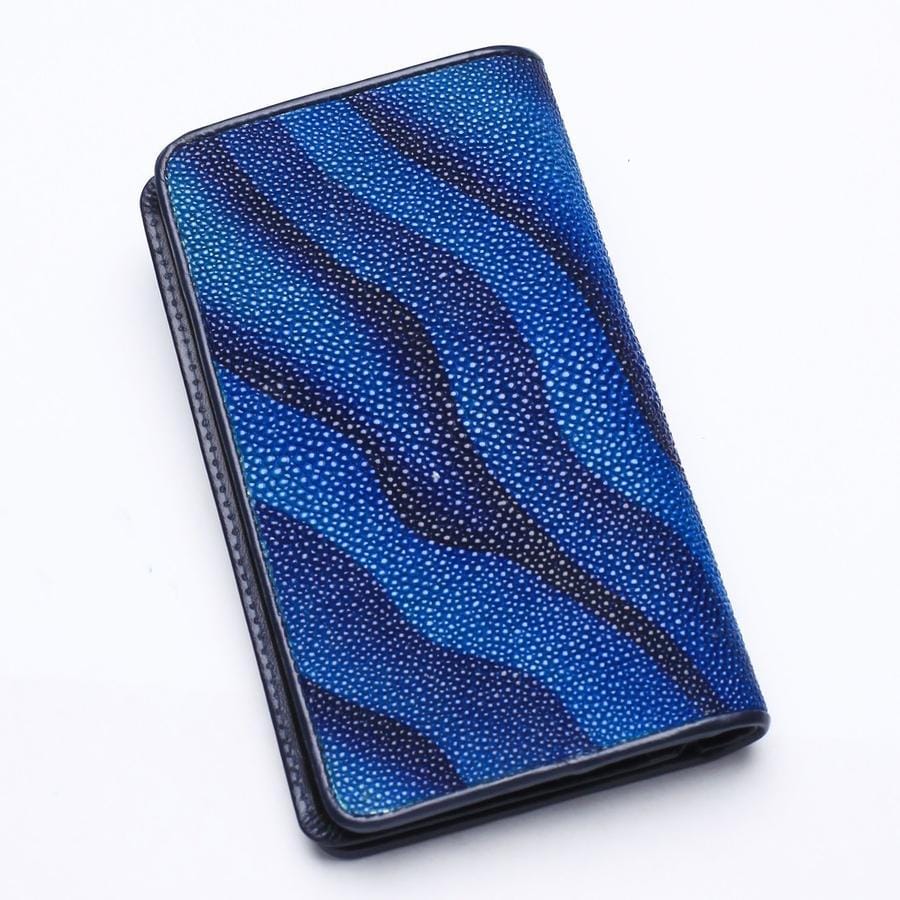 Premium Blue Stingray Skin Leather Long Wallet for Men - RFID Blocking Bifold Wallet with Money Clip - Perfect for Business, Travel & Everyday Use