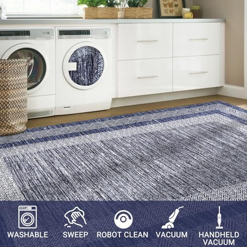 GARVEE 2x6 Modern Non-Slip Runner Rug - Washable Soft Geometric Carpet for Hallway, Kitchen & Entryway | Distressed Blue Border Design | Perfect for High-Traffic Areas, Home Decor & Pet-Friendly Spaces