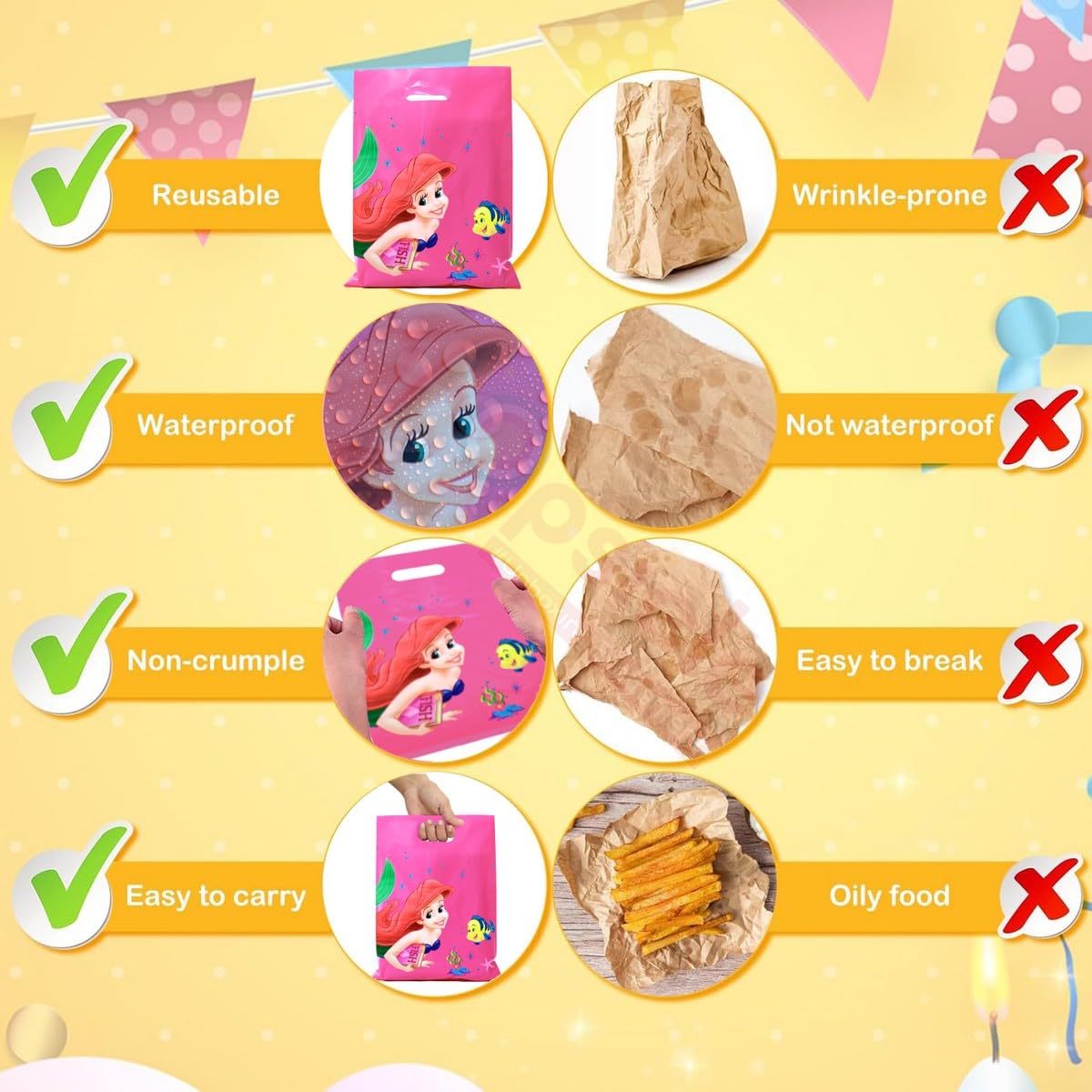 Mermaid Theme Birthday Party Favors - 10 Pack Pink Foil Goodie Bags for Girls, Kids Return Gifts | Perfect for Underwater Themed Parties, Baby Showers & Princess Celebrations