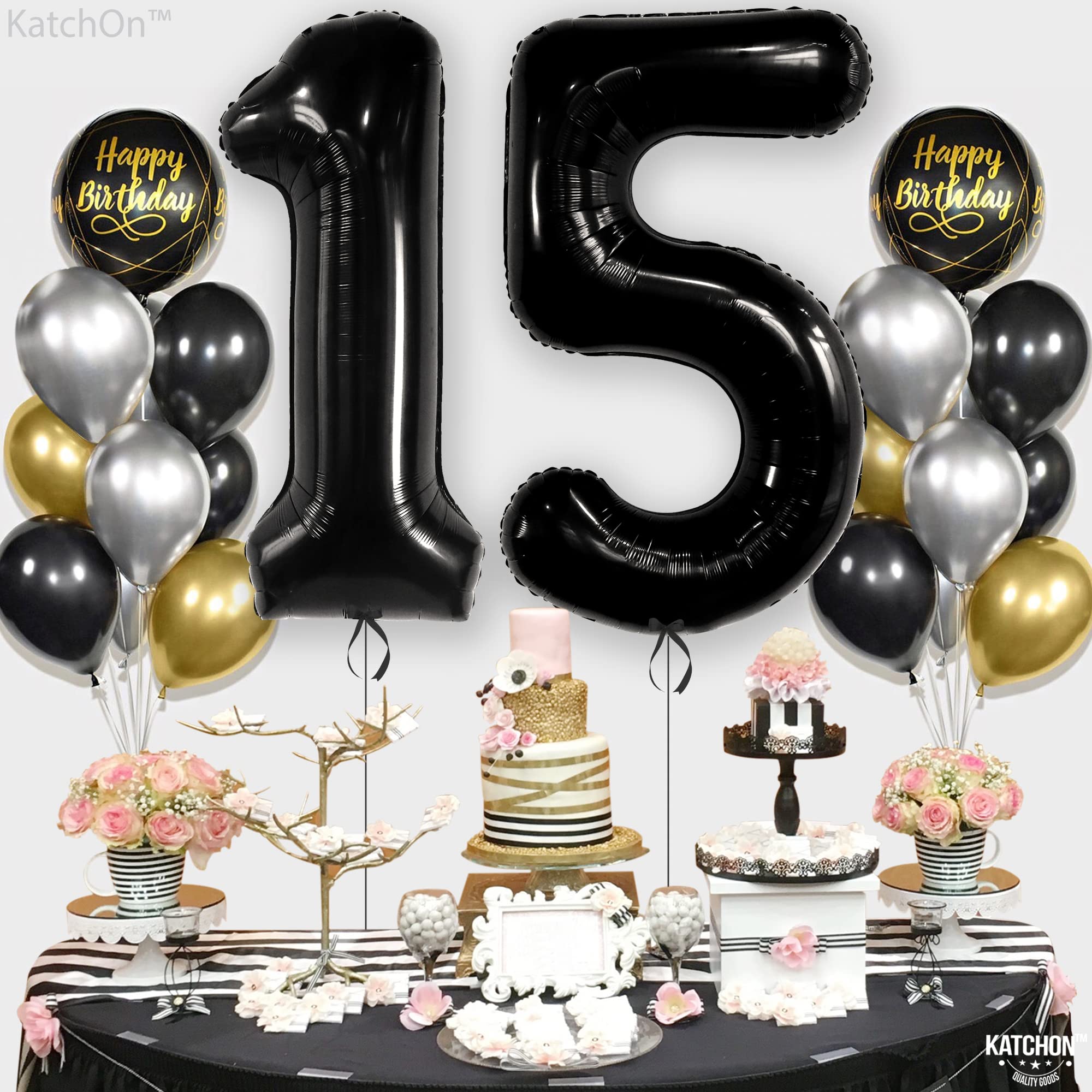 KatchOn Giant Black 15 Balloons - 40 Inch Large Number Balloons for 15th Birthday Party Decorations | Perfect for Boys Birthday, Sweet 16, Quinceañera & Anniversary Celebrations | Indoor & Outdoor Party Decor