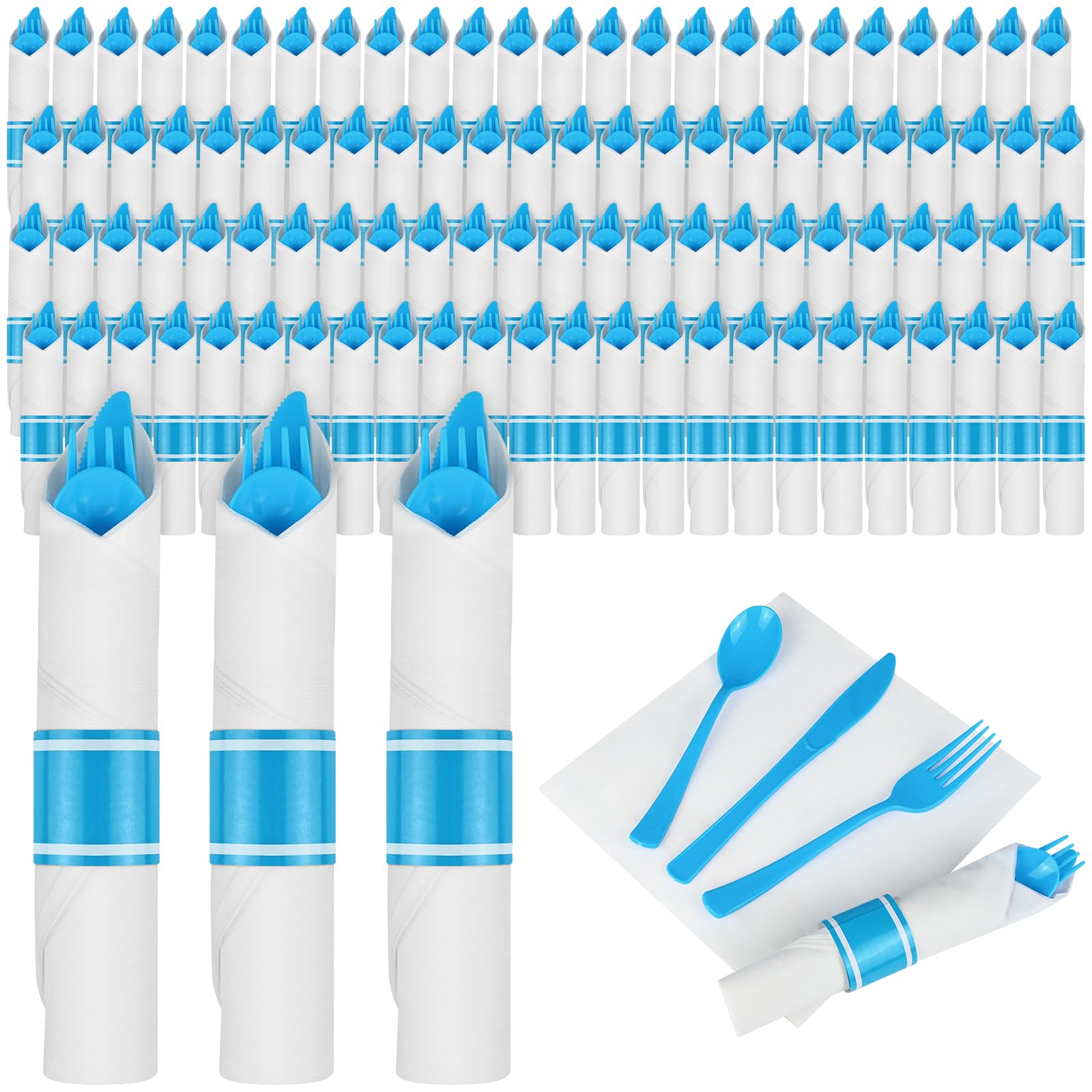 100-Pack Blue Disposable Plastic Cutlery Set - 100 Forks, 100 Knives, 100 Spoons & 100 Napkins | Heavy Duty Pre-Rolled Silverware for Parties, Weddings, Picnics & Catering Events | Eco-Friendly Bulk Plastic Utensils for Home & Office Use