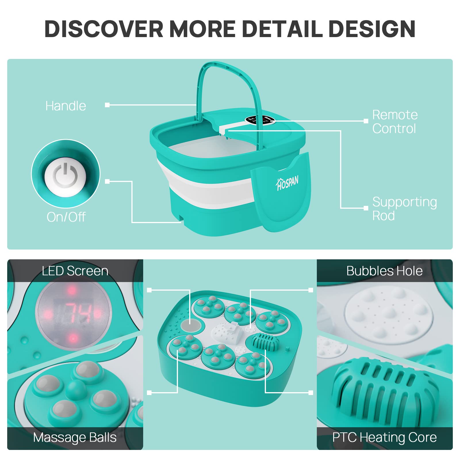 HOSPAN Electric Foot Spa with Heat, Bubble, Remote & 24 Shiatsu Massage Balls - Collapsible Foot Bath for Relaxation, Stress Relief & Pedicure - Perfect for Home Spa, Self-Care & Gift Giving