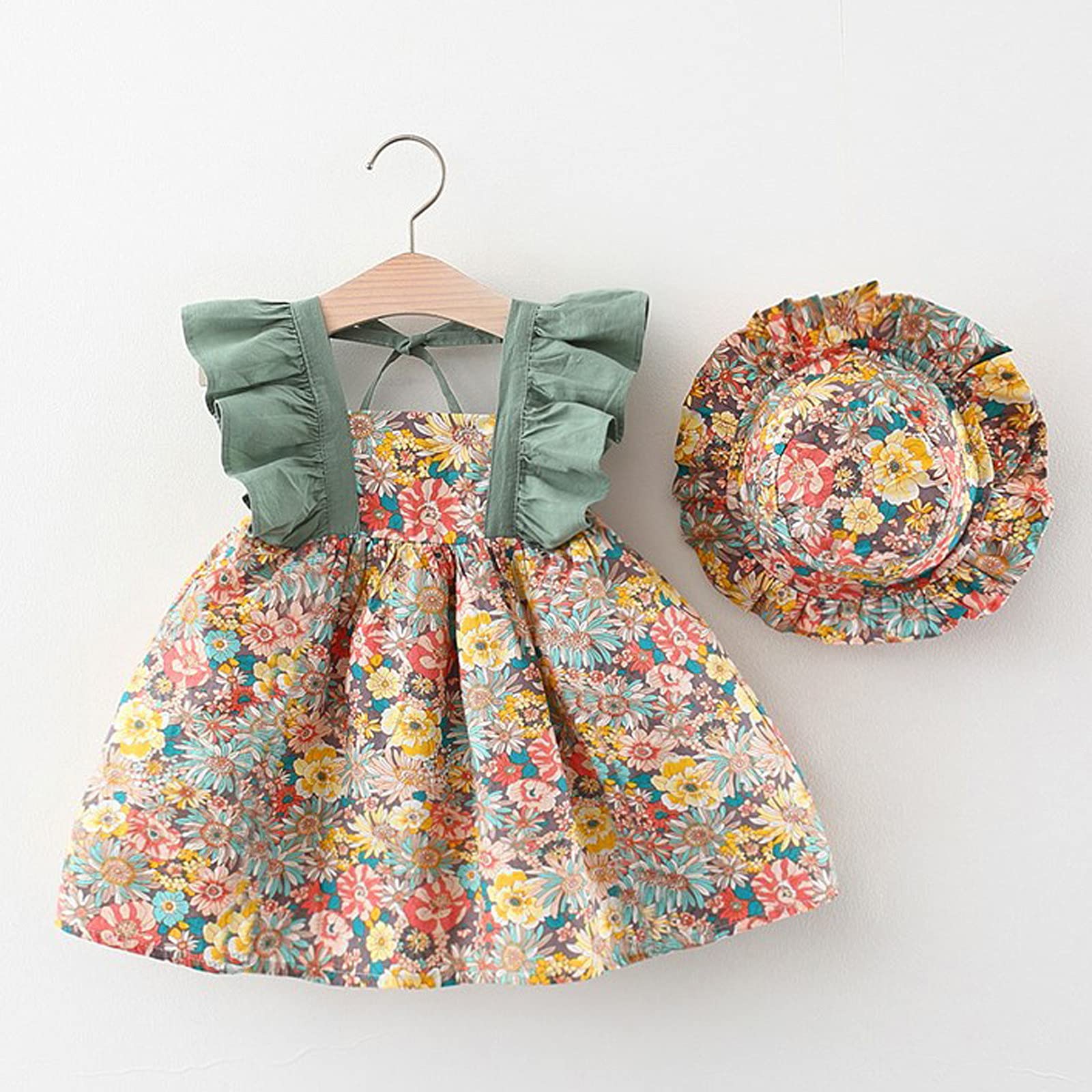 Floral Baby Girl Dress & Skirt Set with Suspenders and Princess Hat - Summer Beach Outfit for Infant & Toddler - Perfect for Photoshoots, Parties, and Outdoor Play