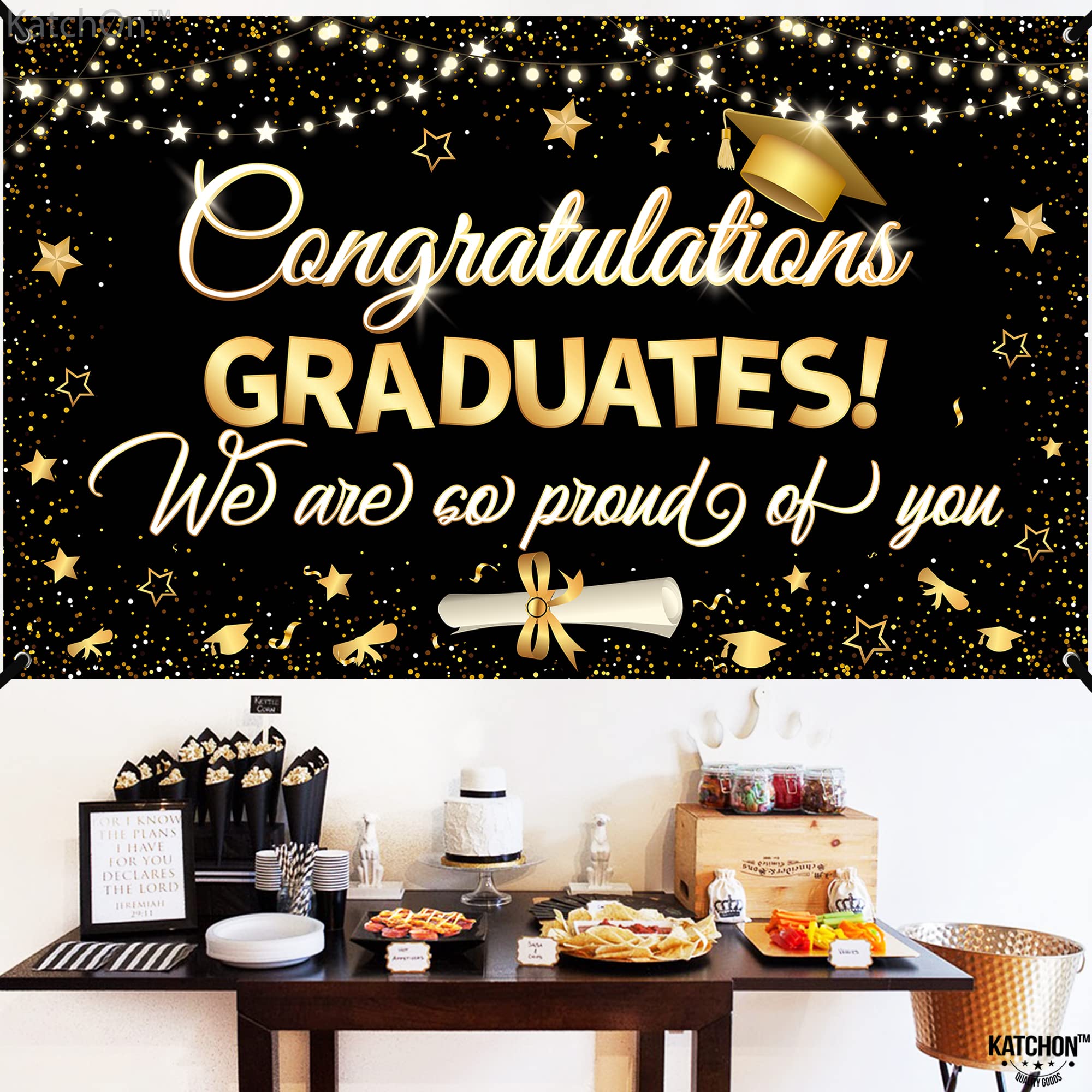 KatchOn 2025 Graduation Banner - 72x44 Inch Large Black & Gold Backdrop for Graduation Party Decor | Class of 2025 Congratulations Sign | Perfect for Graduation Ceremony, Photo Booth & Home Decor