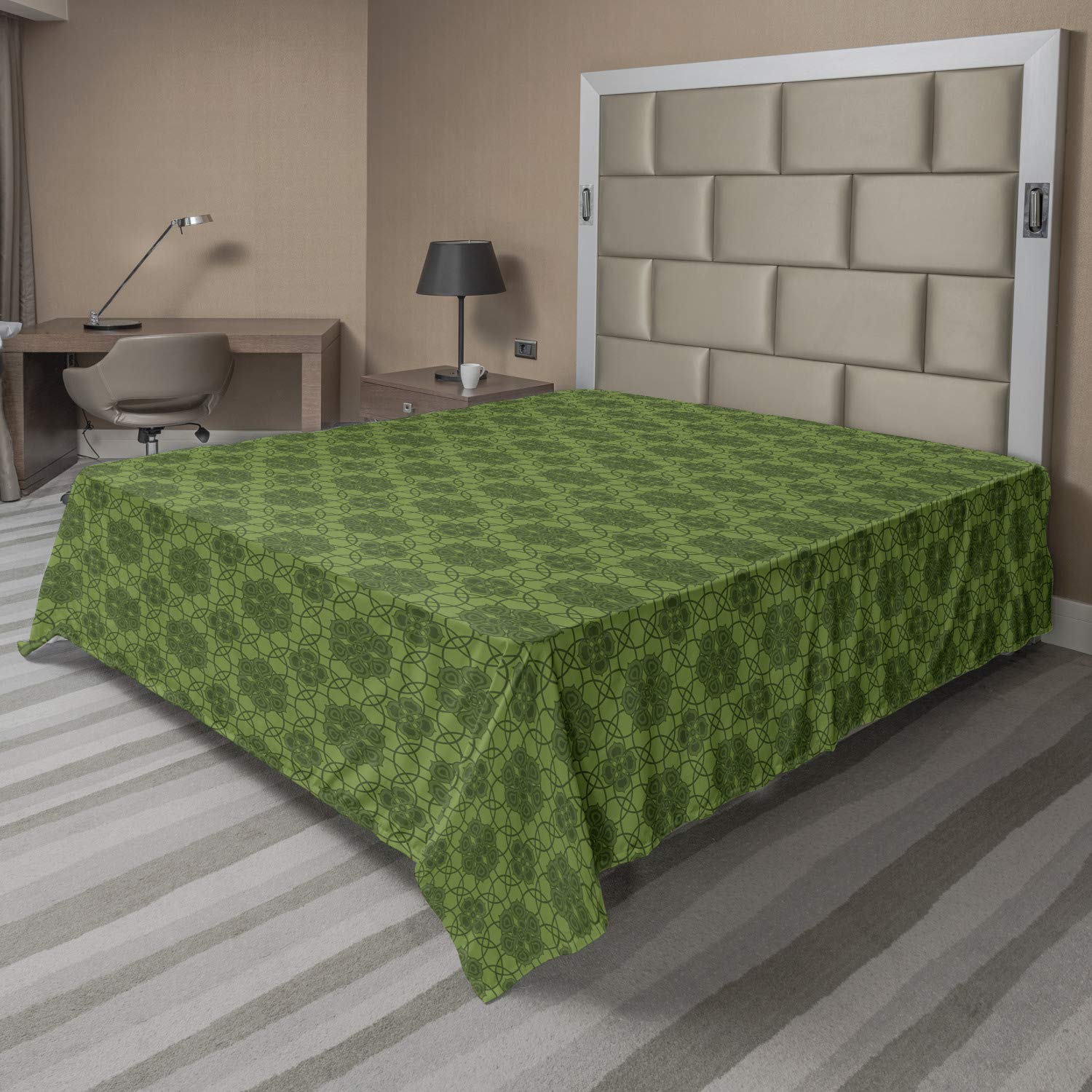 Ambesonne Sage Flat Sheet - Queen Size Soft Comfortable Decorative Bedding with Mandala Inspired Floral Pattern in Fern Green & Olive Green | Perfect for Bohemian Bedroom Decor, Guest Room Essentials & Cozy Home Styling