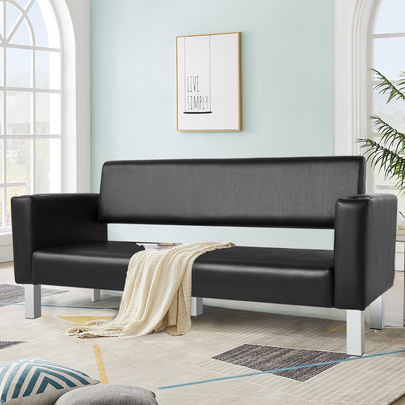 Premium Leather Office Reception Chairs - 60.6'' Waiting Room Bench with 2 Cup Holders, Stainless Steel Base for Conference Rooms & Lobby Seating | Perfect for Corporate Offices, Hotels, and Clinic Waiting Areas