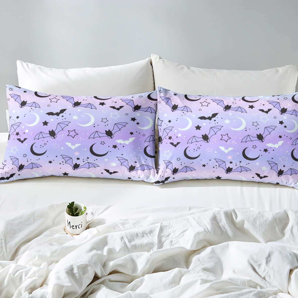 Halloween Comforter Cover Set - Rainbow Bat Moon Star Print Twin Size Bedding for Kids & Boys - Purple Gradient Style 2-Piece Sheet Set for Halloween Decor & Room Theme