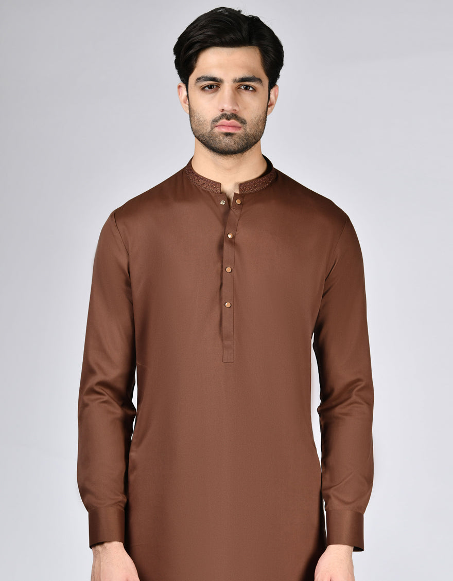 Elegant Blended Brown Shalwar Kameez by J. Junaid Jamshed - Premium Pakistani Traditional Outfit for Men - Perfect for Weddings, Eid & Special Occasions